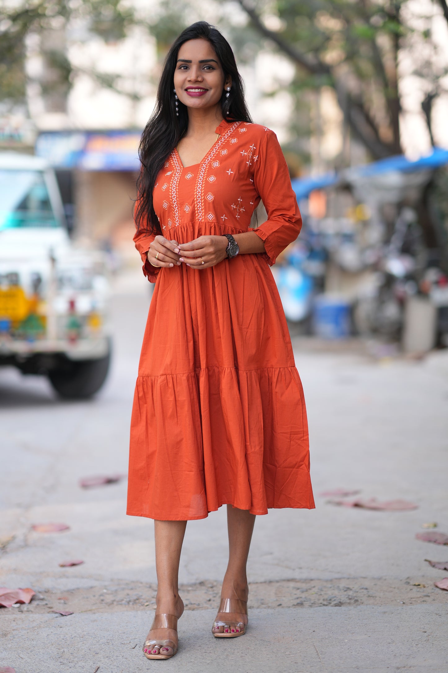 Jaipur Cotton Orange Colour Frock With Embroidery Work