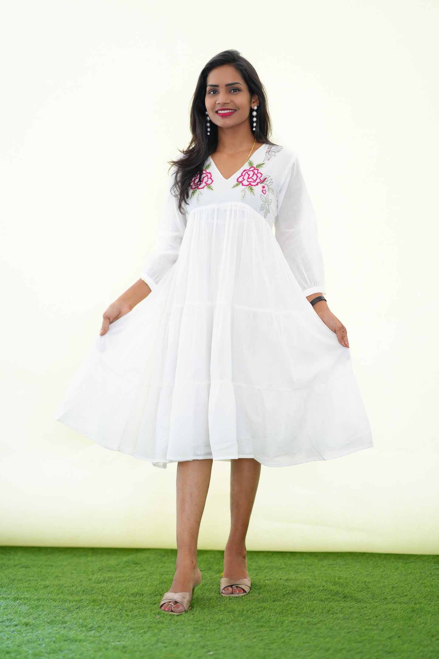 White Mul Cotton Frock With Embroidery work and Complete Lining