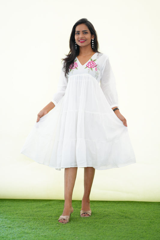 White Mul Cotton Frock With Embroidery work and Complete Lining