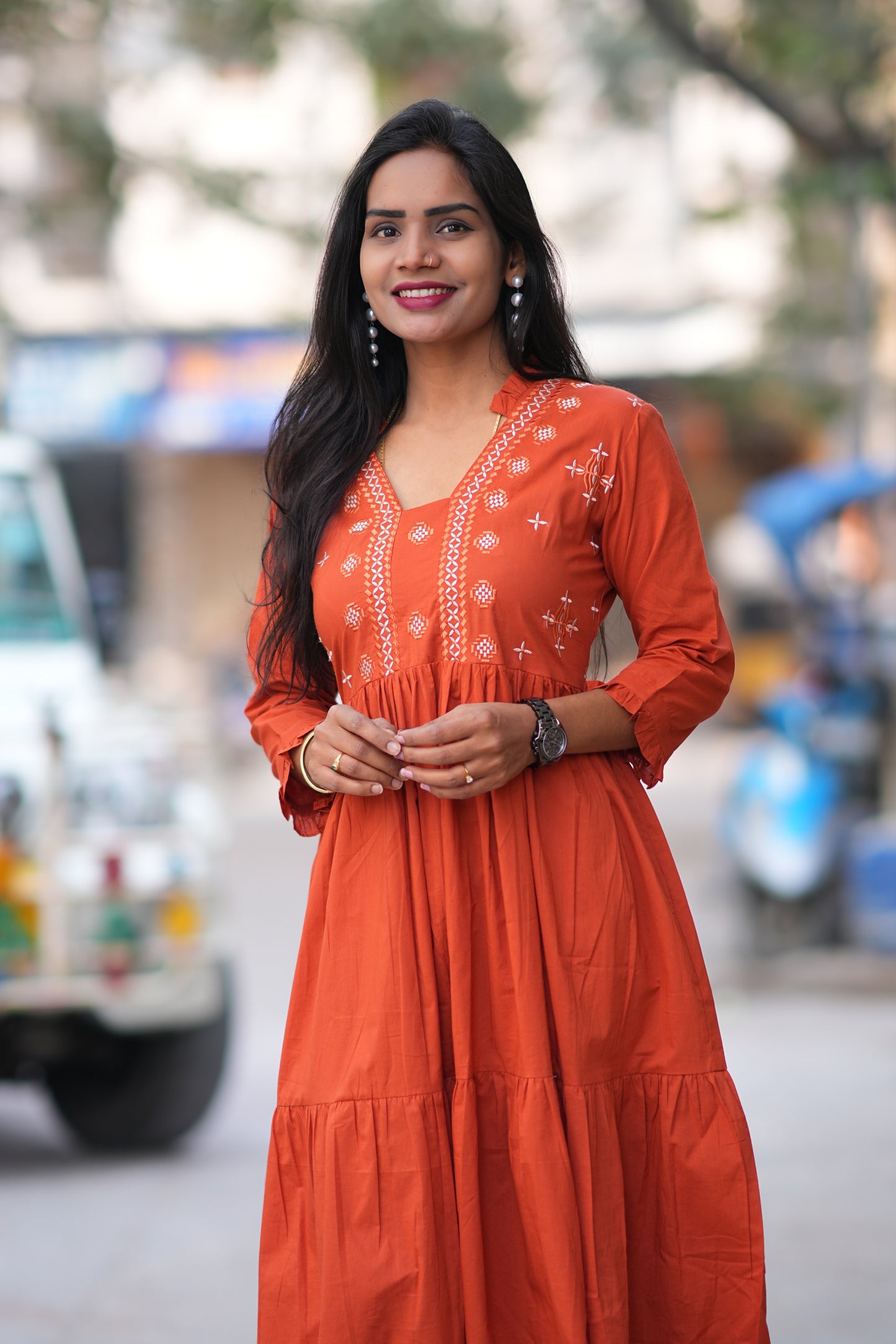 Jaipur Cotton Orange Colour Frock With Embroidery Work