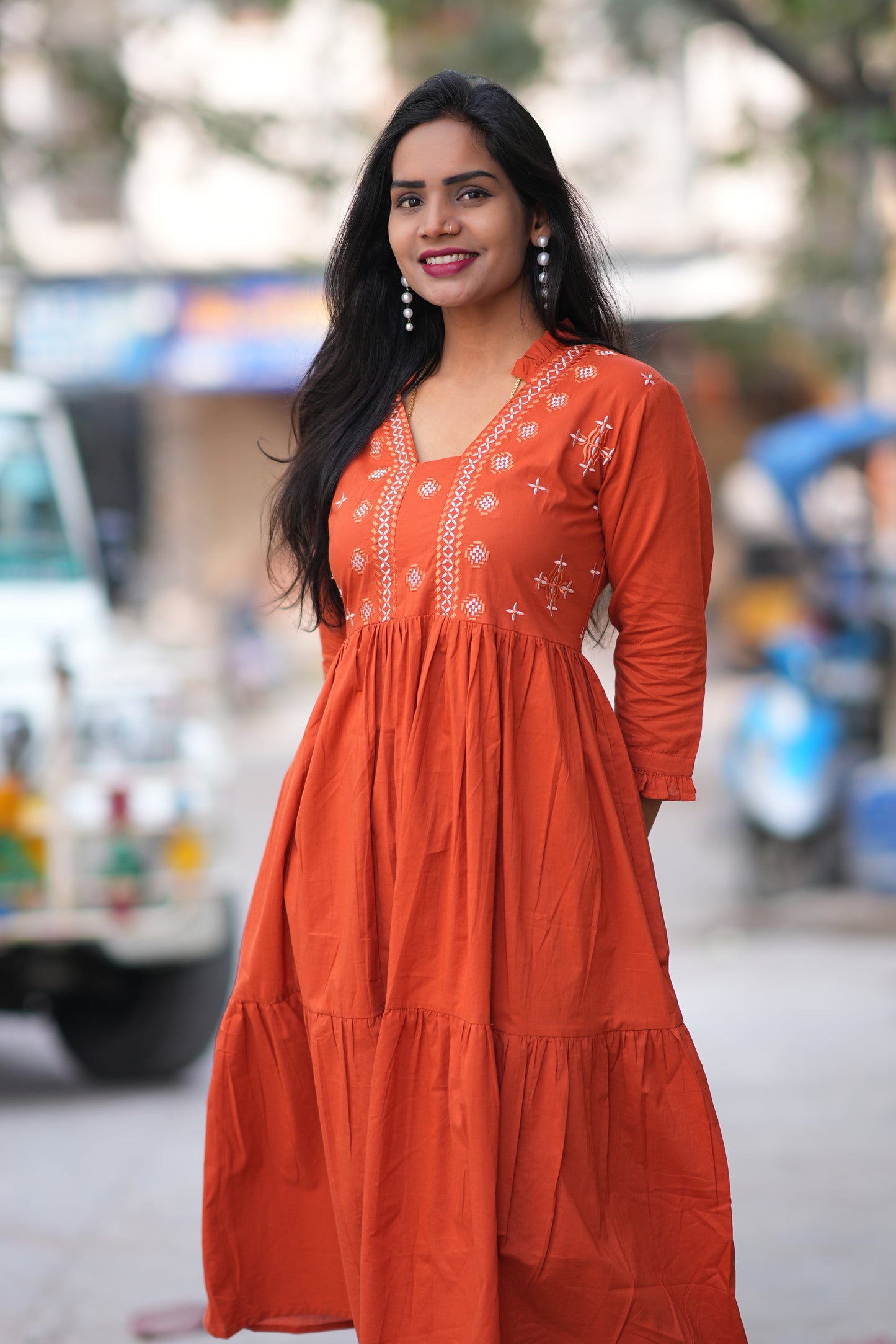 Jaipur Cotton Orange Colour Frock With Embroidery Work