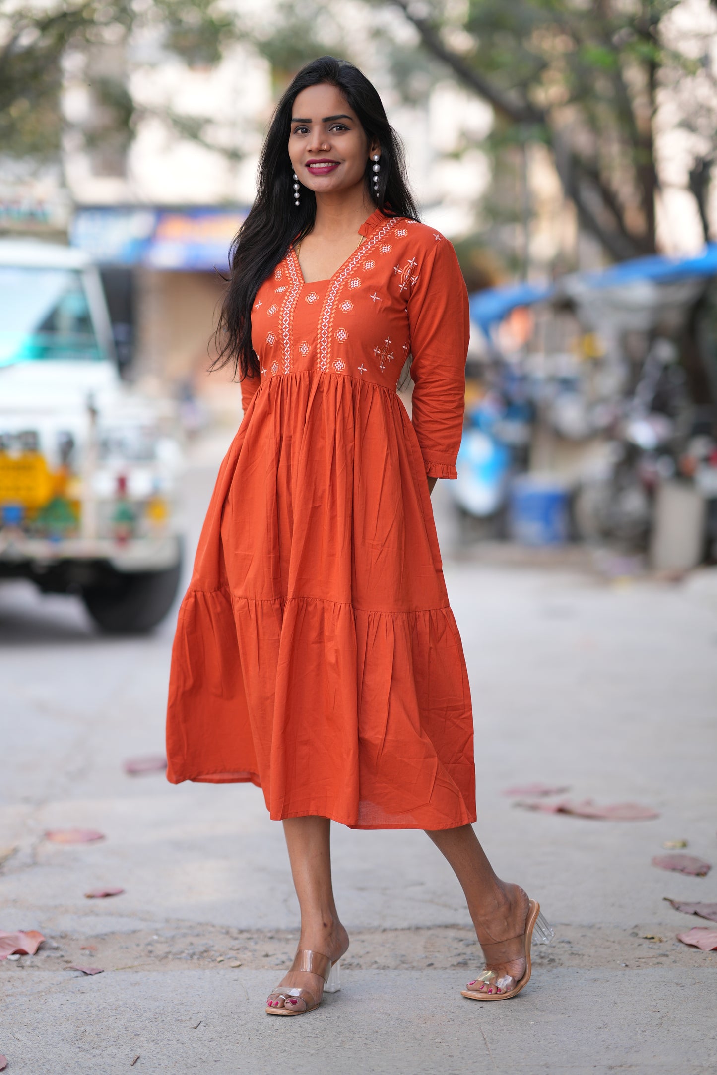 Jaipur Cotton Orange Colour Frock With Embroidery Work