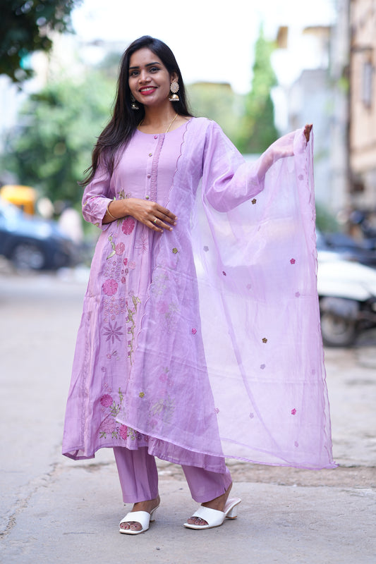 Purple Color Mul Chandher Designer 3 Piece Set