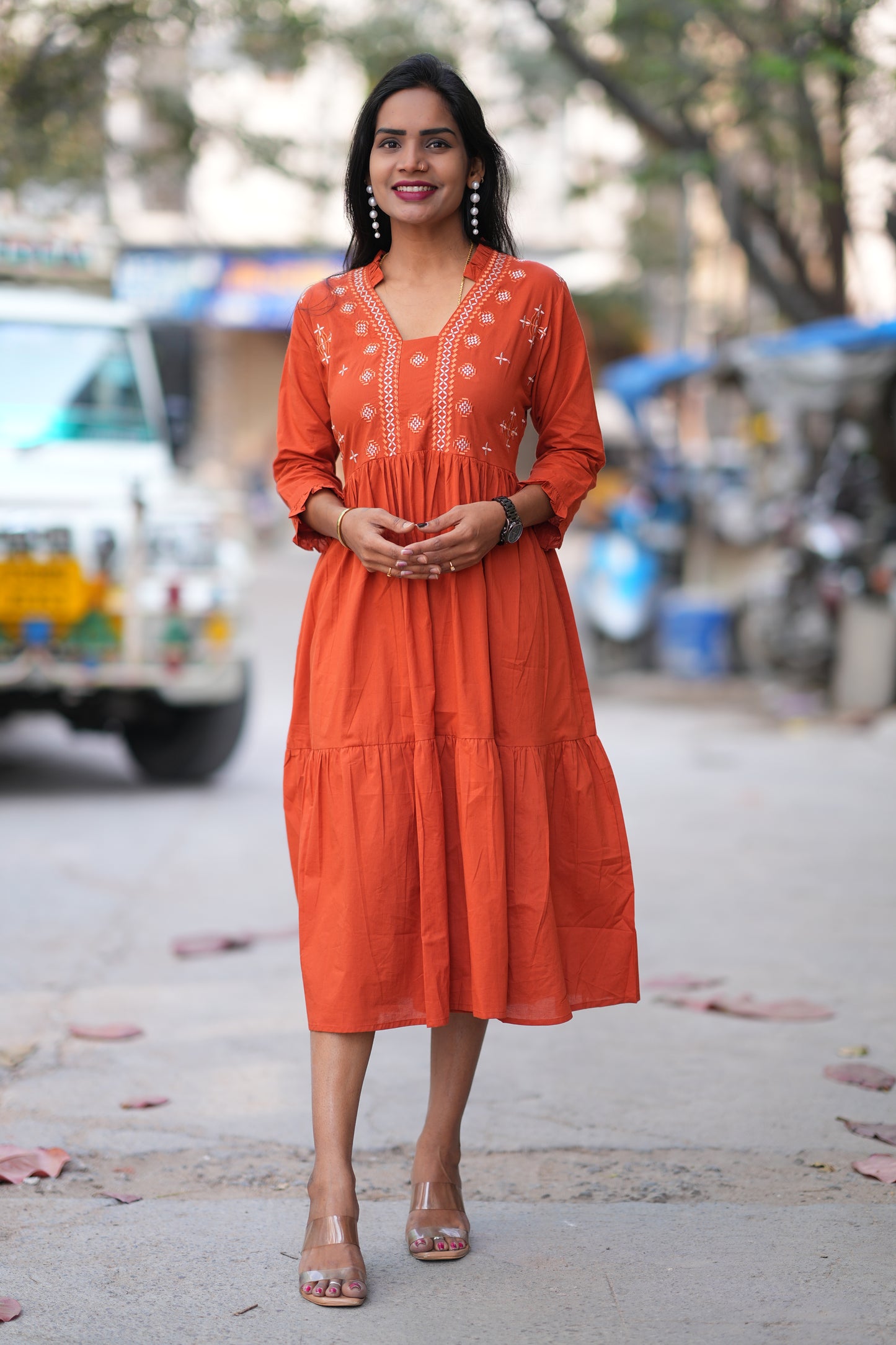 Jaipur Cotton Orange Colour Frock With Embroidery Work