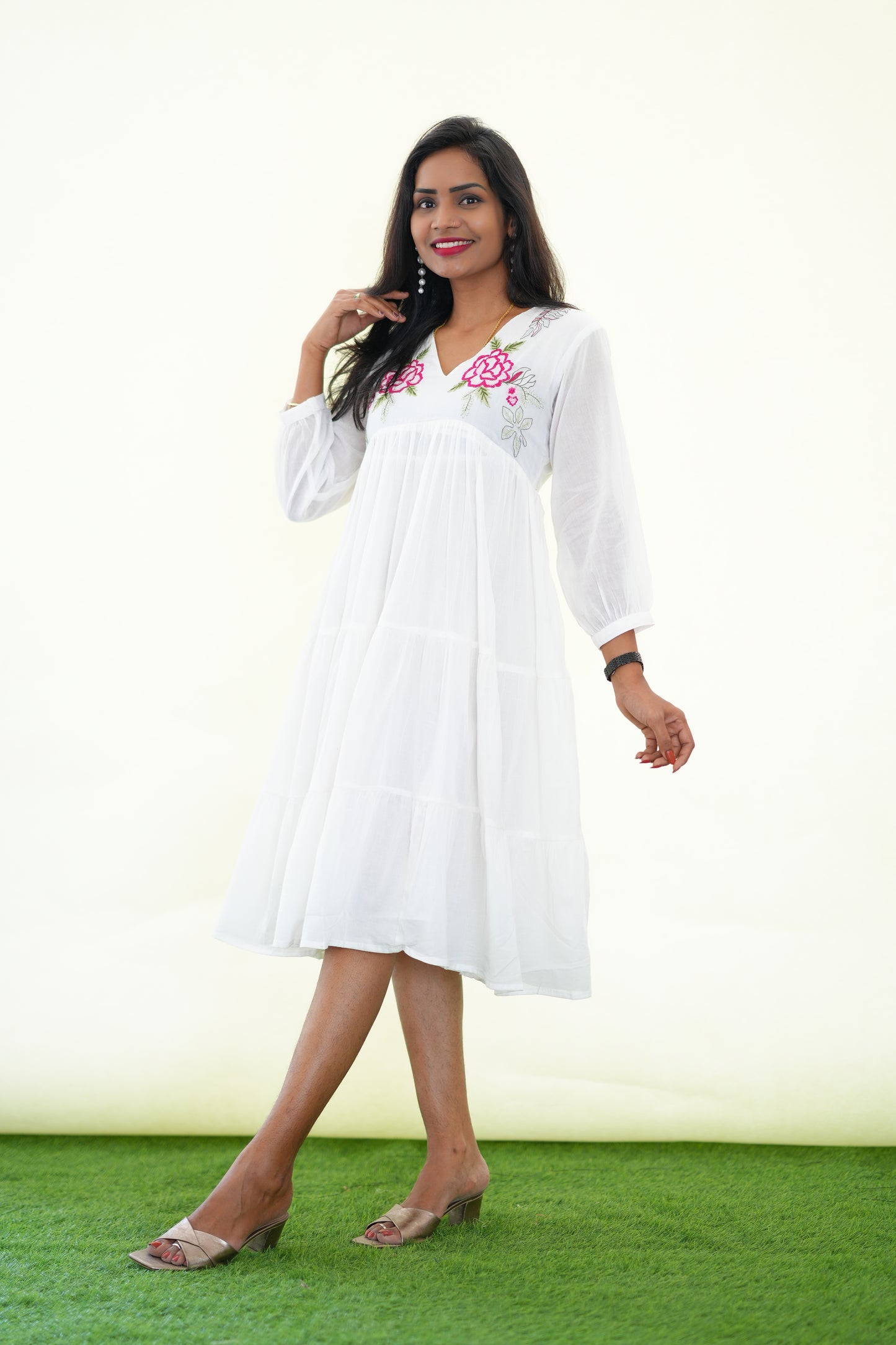 White Mul Cotton Frock With Embroidery work and Complete Lining