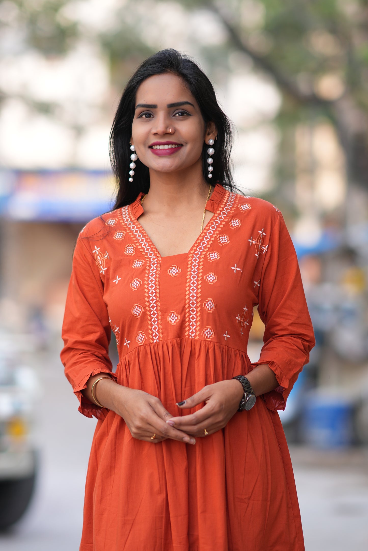 Jaipur Cotton Orange Colour Frock With Embroidery Work