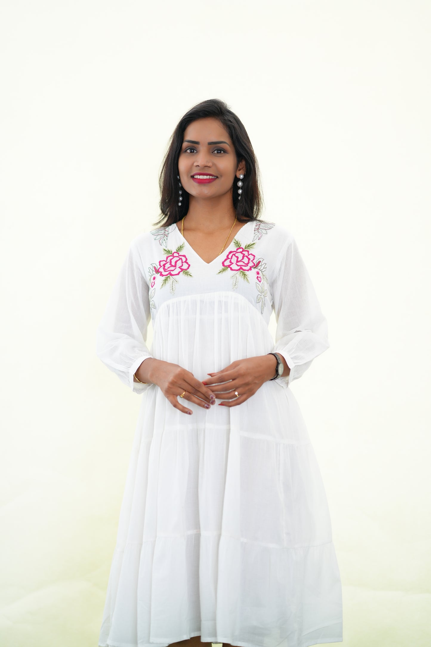 White Mul Cotton Frock With Embroidery work and Complete Lining
