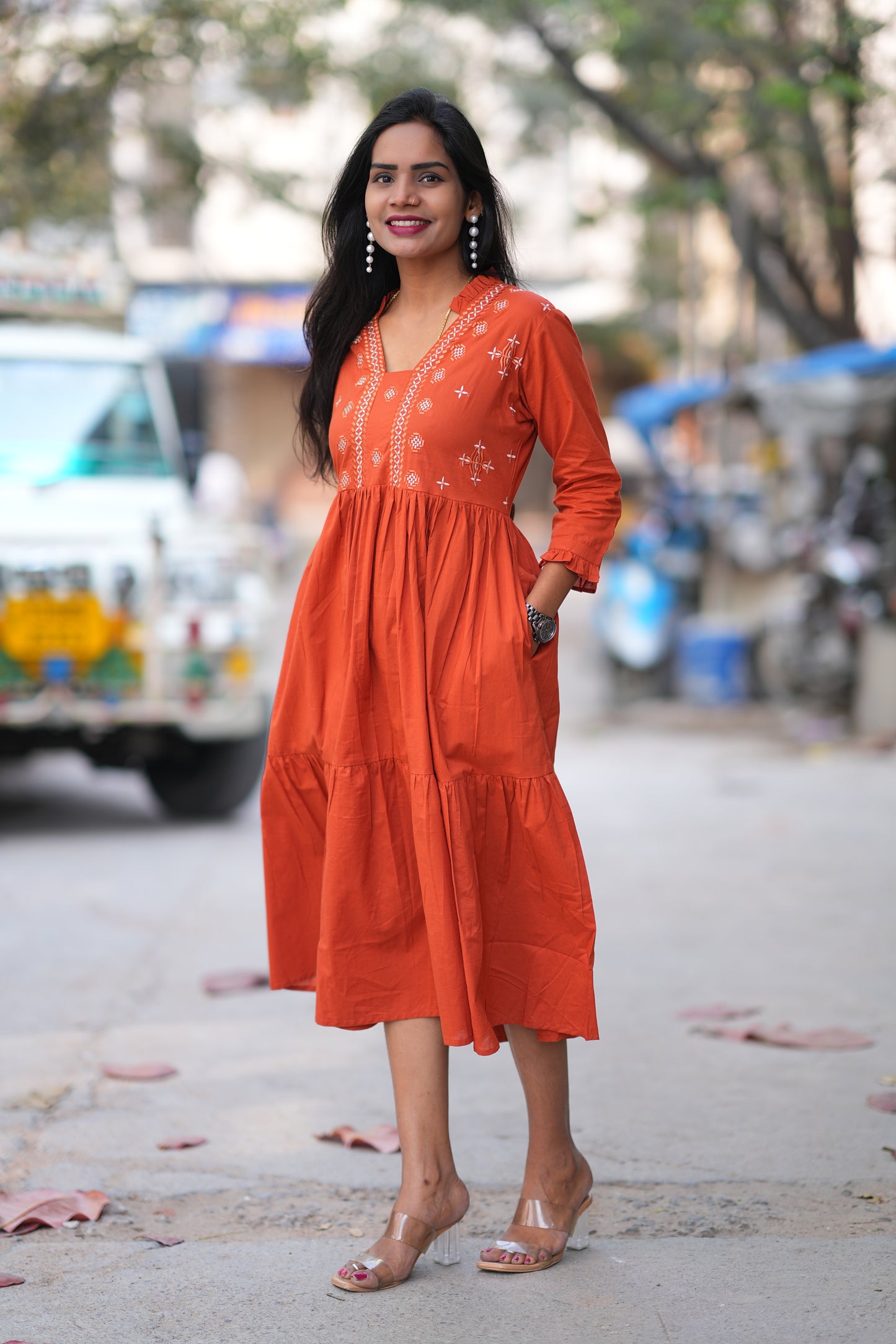 Jaipur Cotton Orange Colour Frock With Embroidery Work