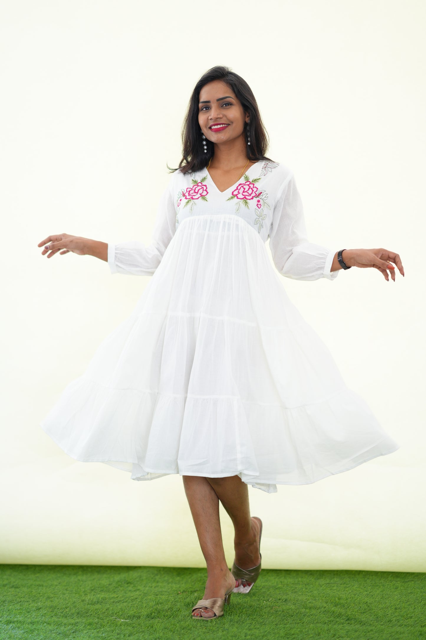 White Mul Cotton Frock With Embroidery work and Complete Lining