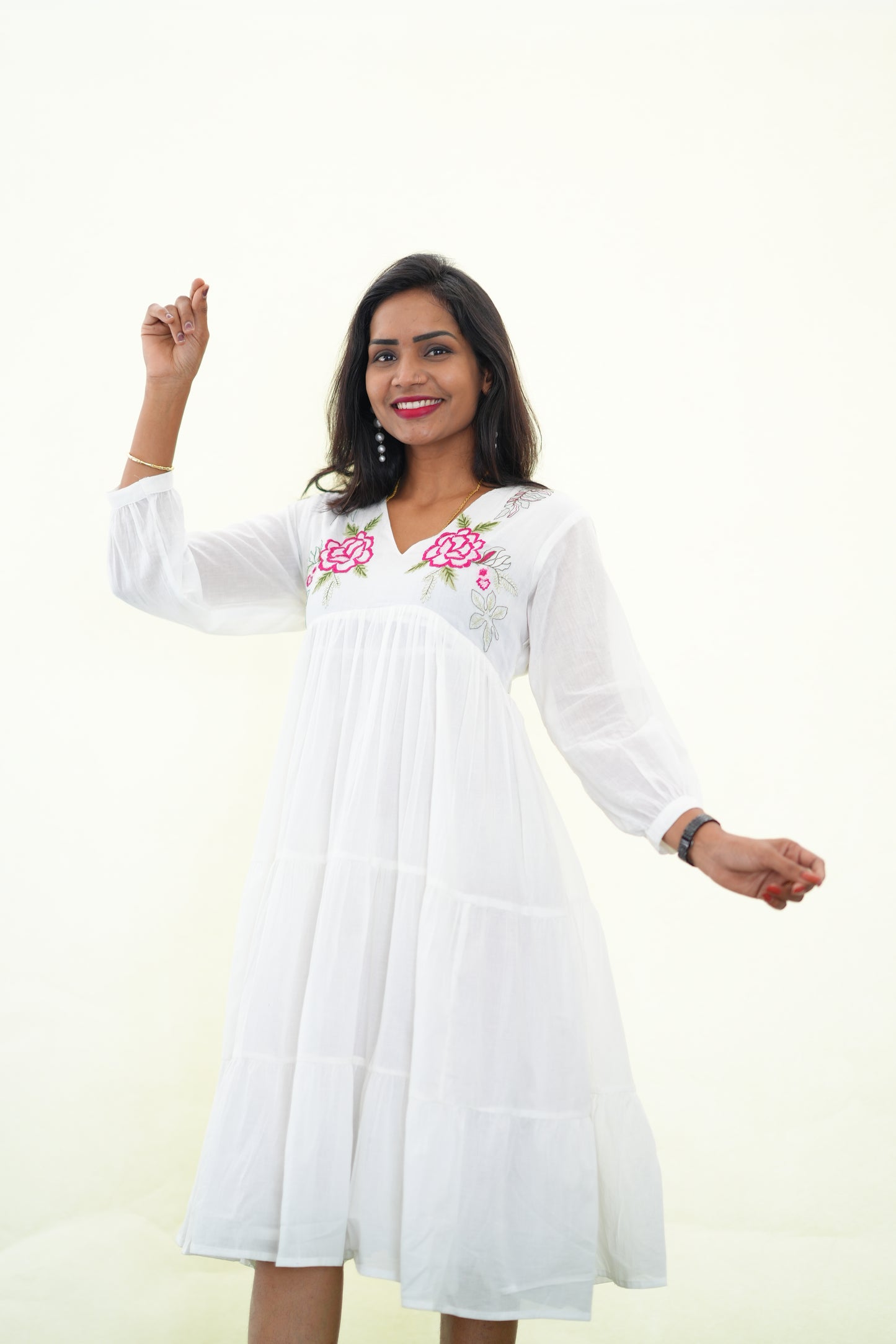 White Mul Cotton Frock With Embroidery work and Complete Lining