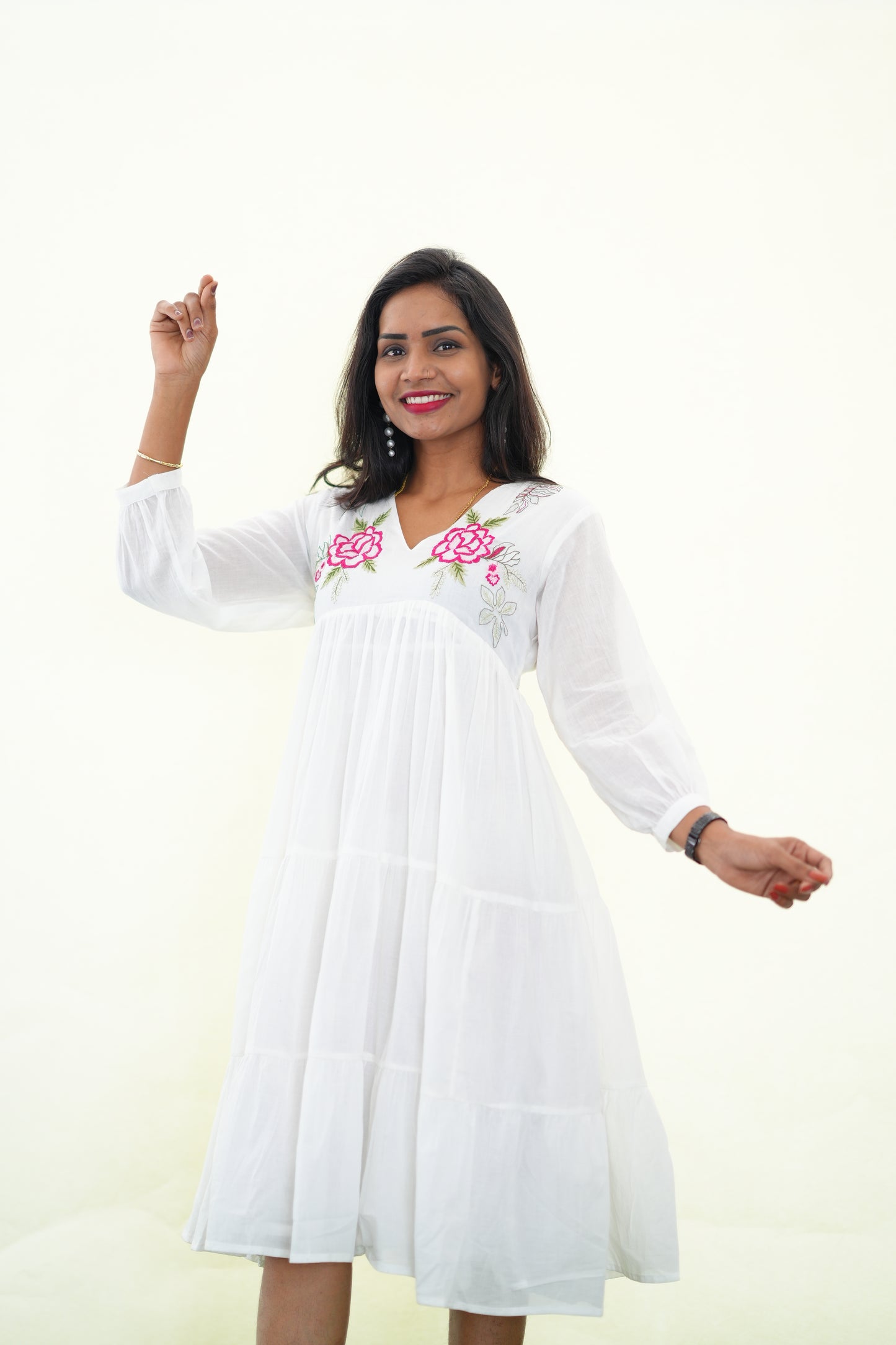 White Mul Cotton Frock With Embroidery work and Complete Lining
