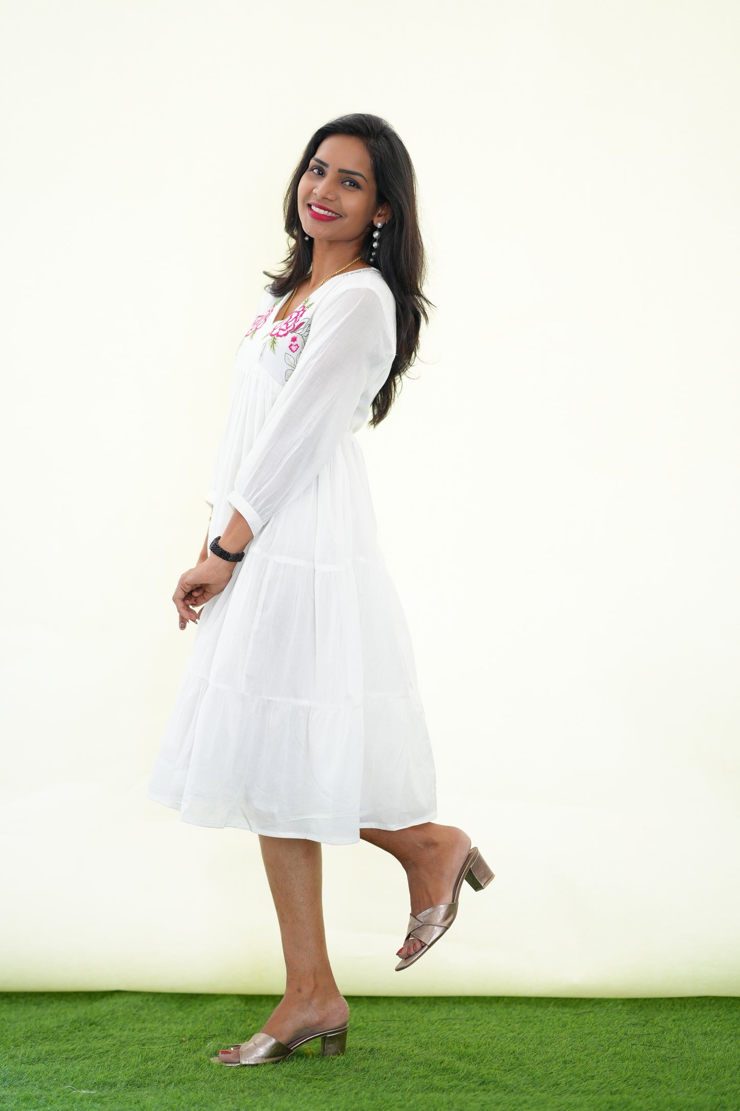 White Mul Cotton Frock With Embroidery work and Complete Lining