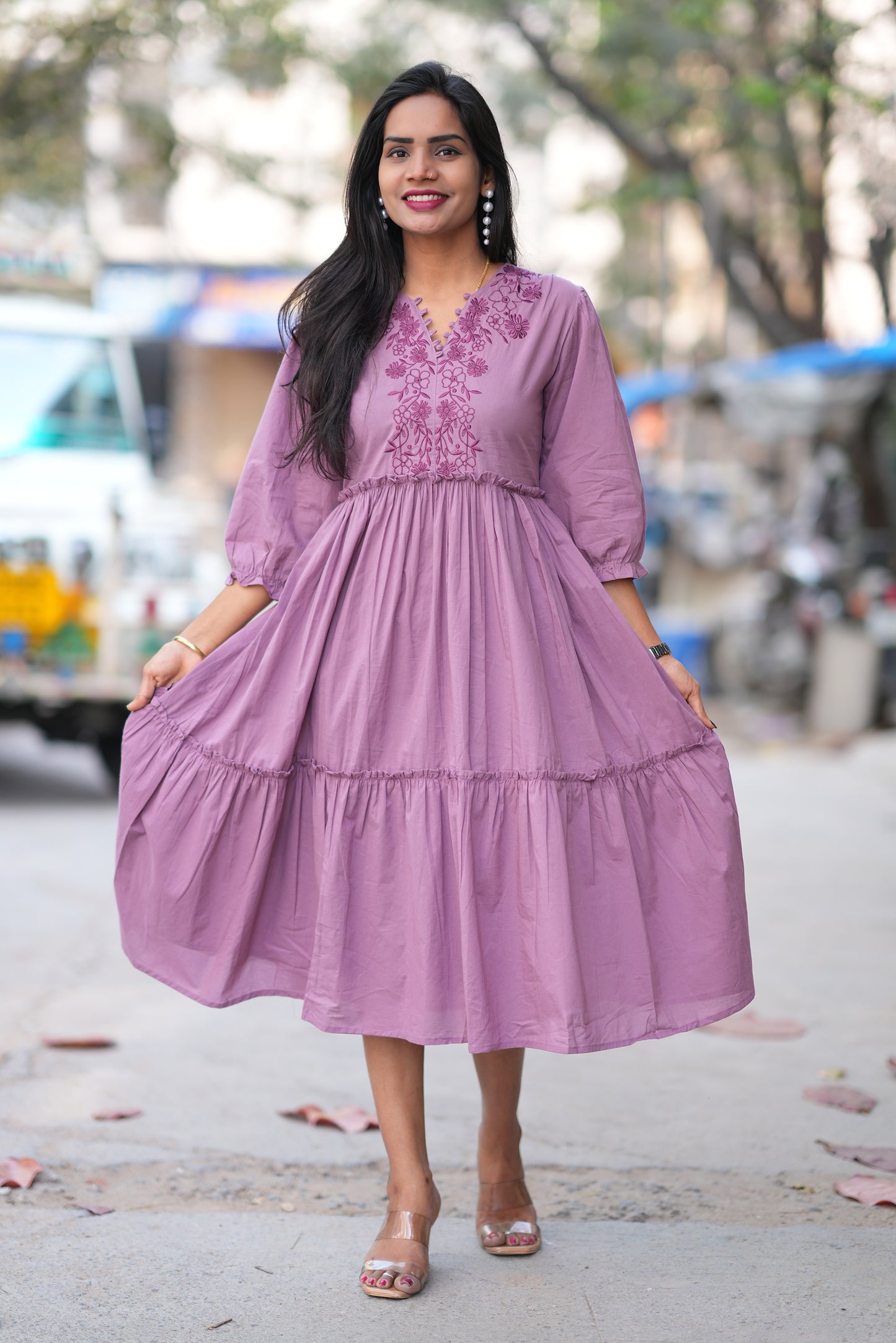 Purple Color Jaipuri Cotton Frock With Embroidery Work