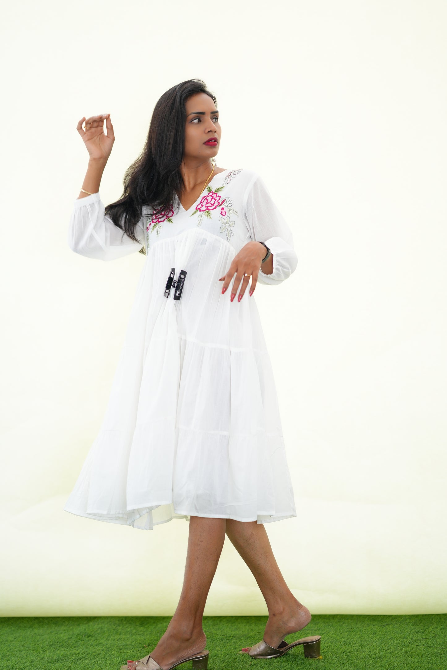 White Mul Cotton Frock With Embroidery work and Complete Lining