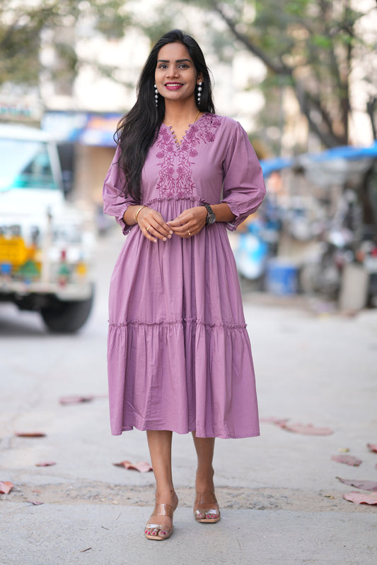 Purple Color Jaipuri Cotton Frock With Embroidery Work