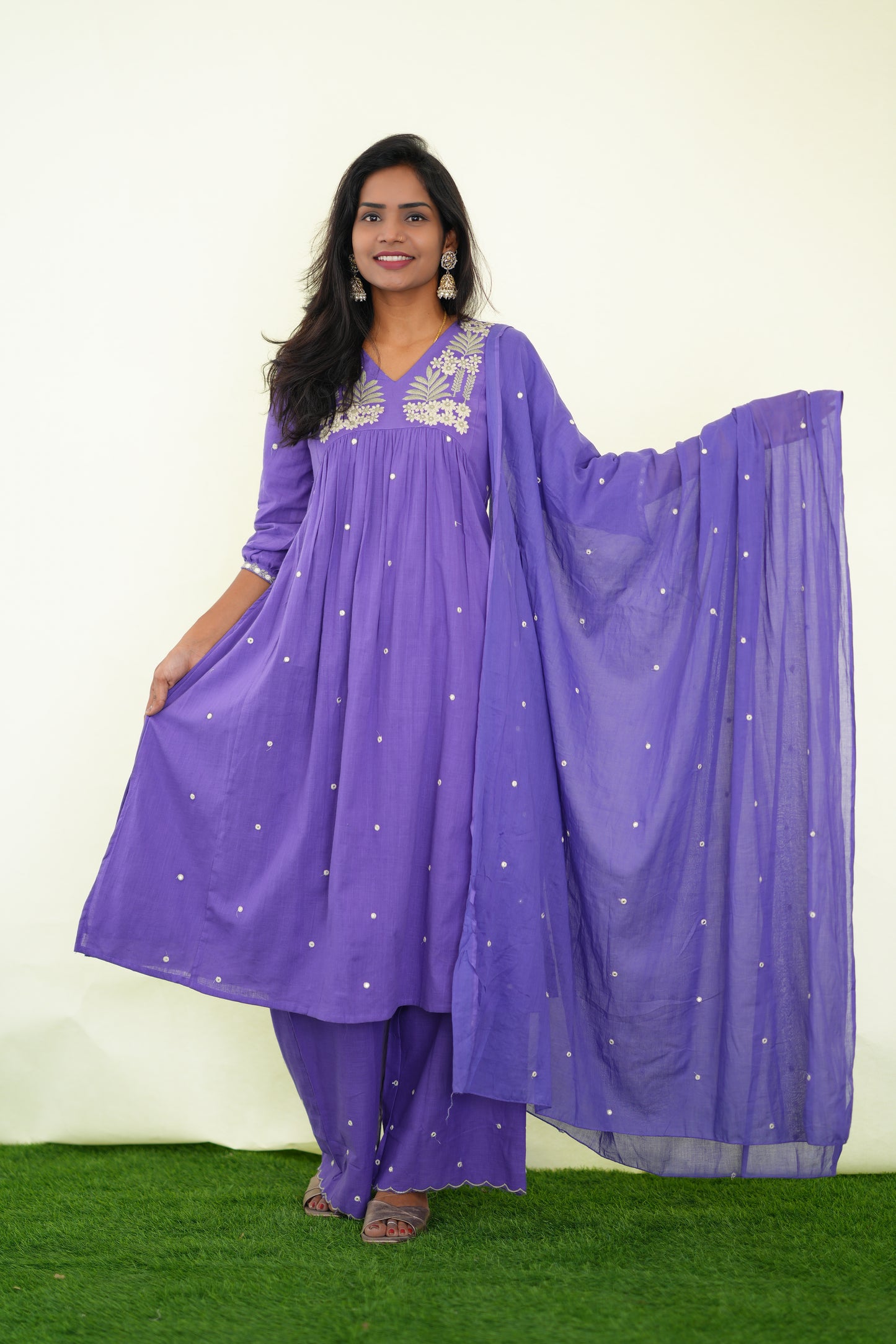 Purple Color Jaipuri Slub Cotton 3 Piece Set With Plazo Pant and Complete Lining
