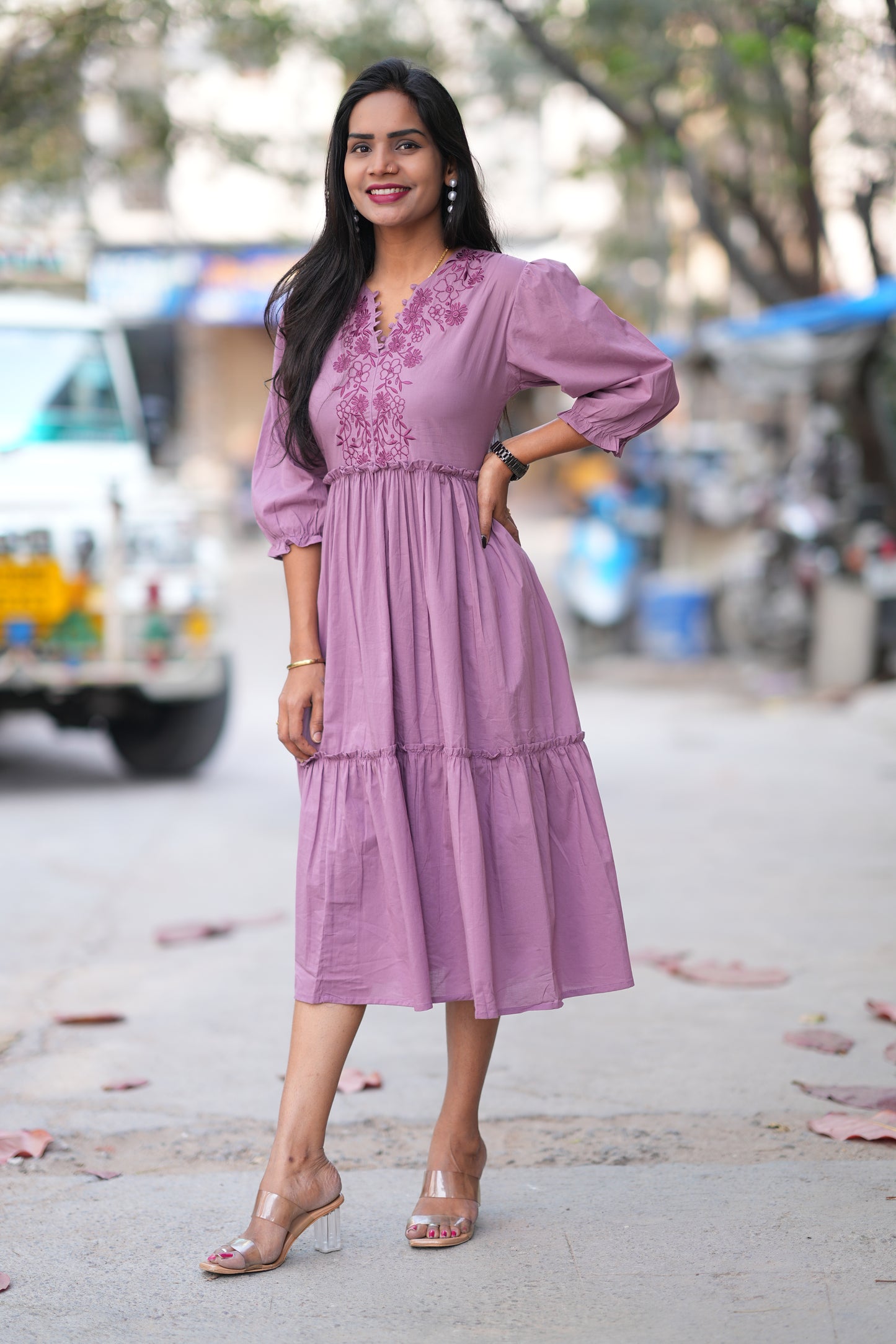 Purple Color Jaipuri Cotton Frock With Embroidery Work