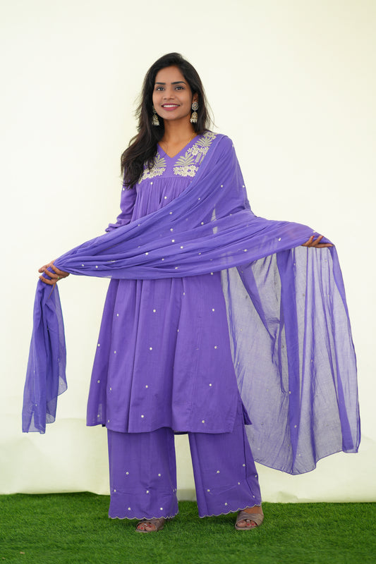 Purple Color Jaipuri Slub Cotton 3 Piece Set With Plazo Pant and Complete Lining