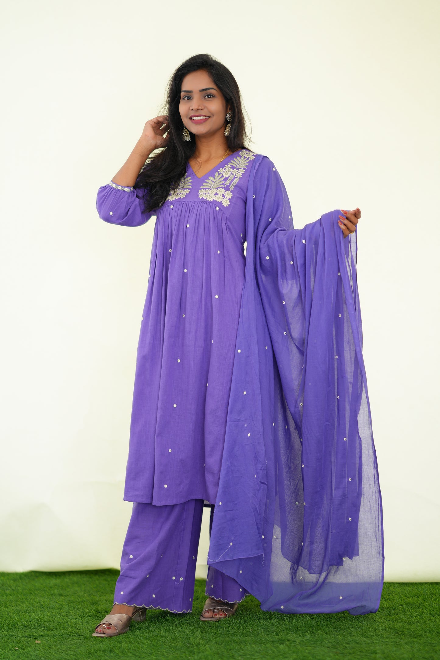 Purple Color Jaipuri Slub Cotton 3 Piece Set With Plazo Pant and Complete Lining