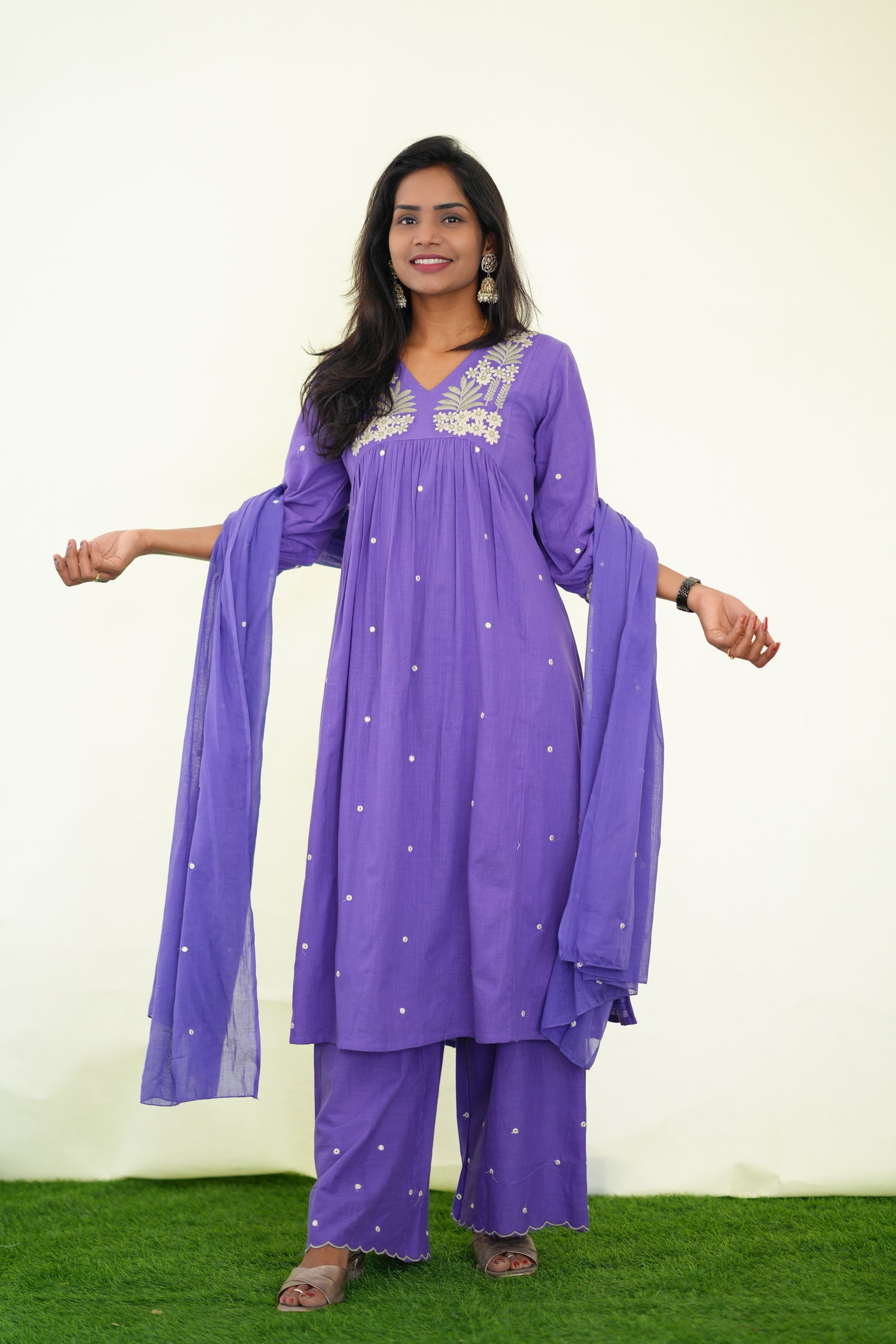 Purple Color Jaipuri Slub Cotton 3 Piece Set With Plazo Pant and Complete Lining
