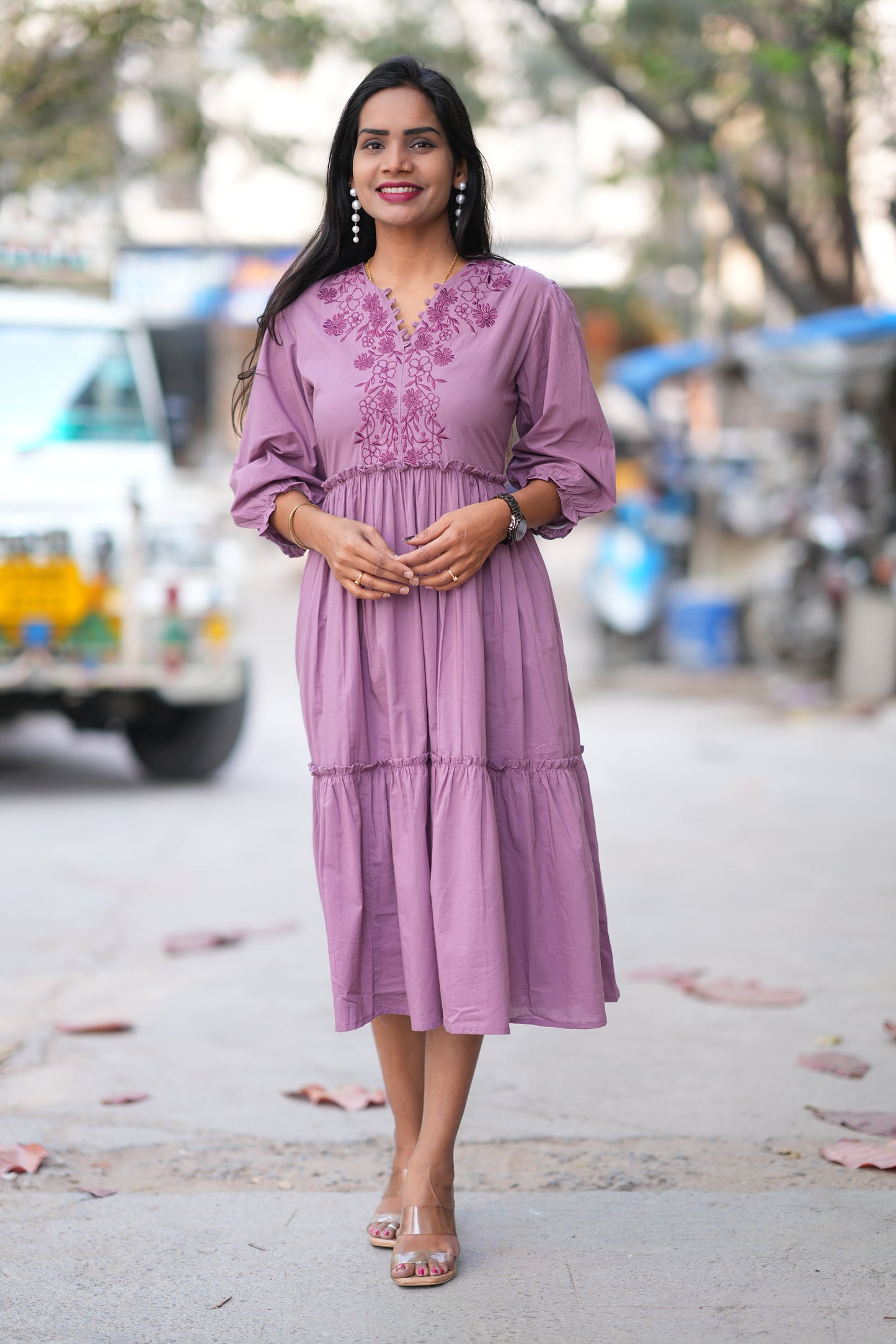 Purple Color Jaipuri Cotton Frock With Embroidery Work