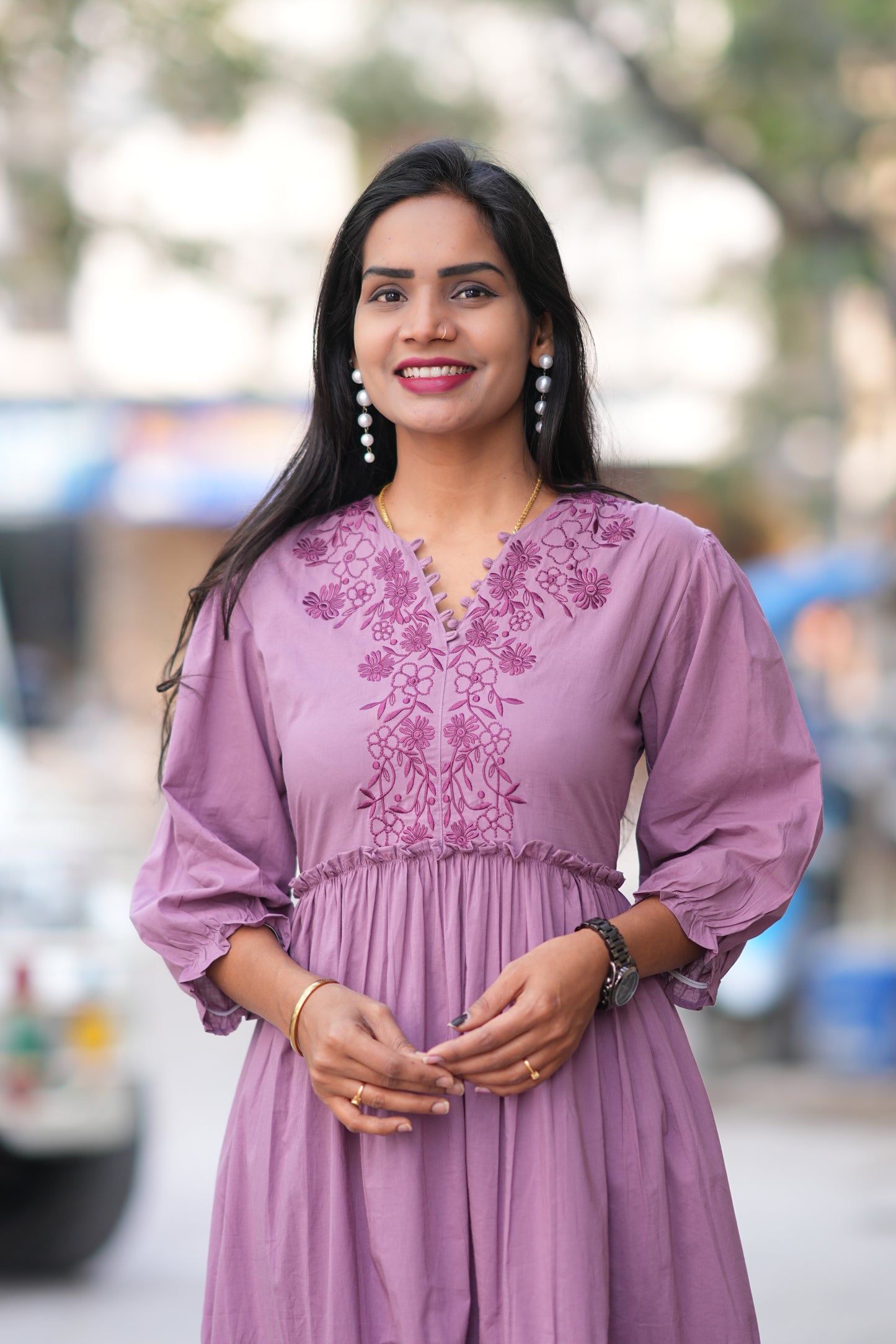 Purple Color Jaipuri Cotton Frock With Embroidery Work