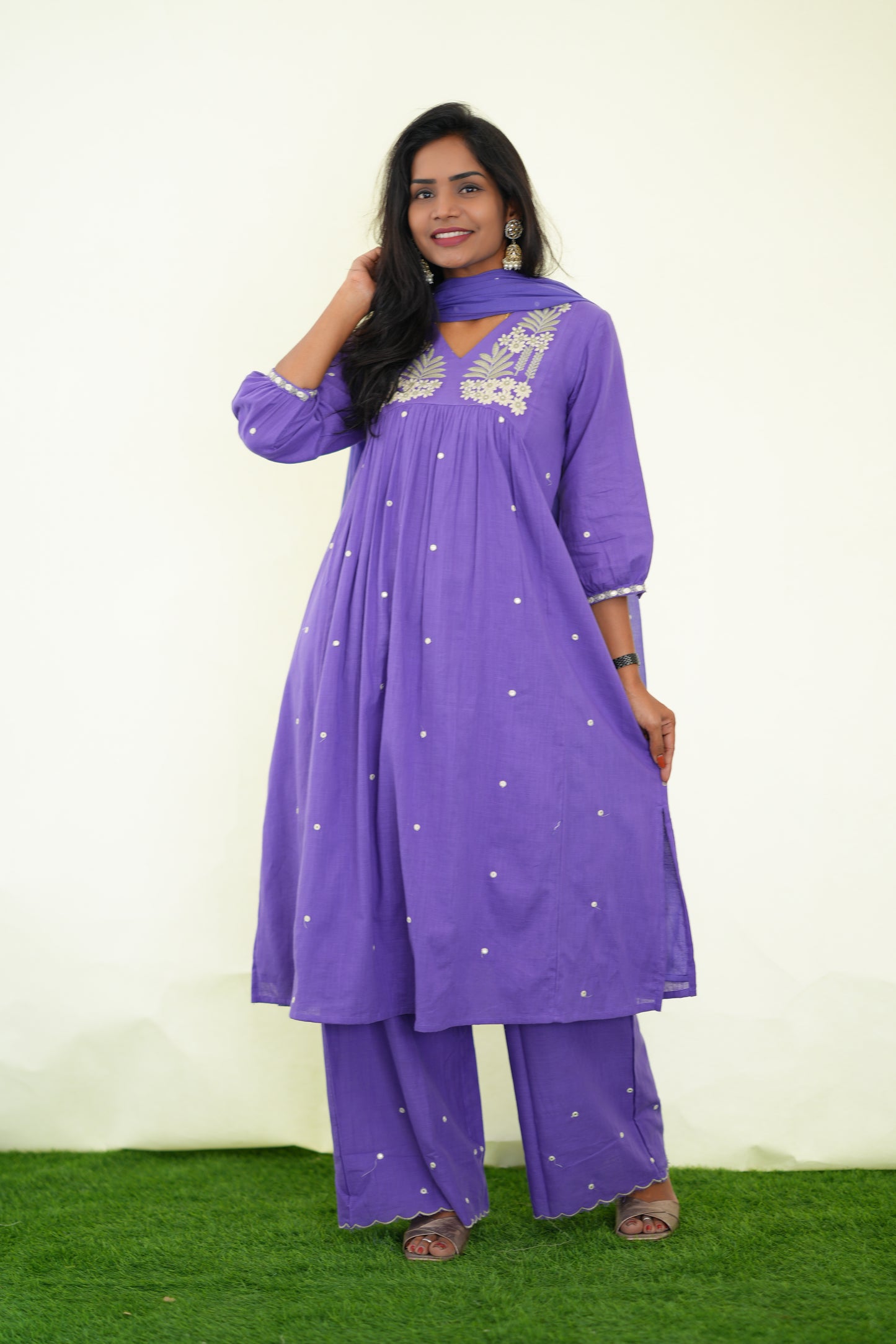 Purple Color Jaipuri Slub Cotton 3 Piece Set With Plazo Pant and Complete Lining