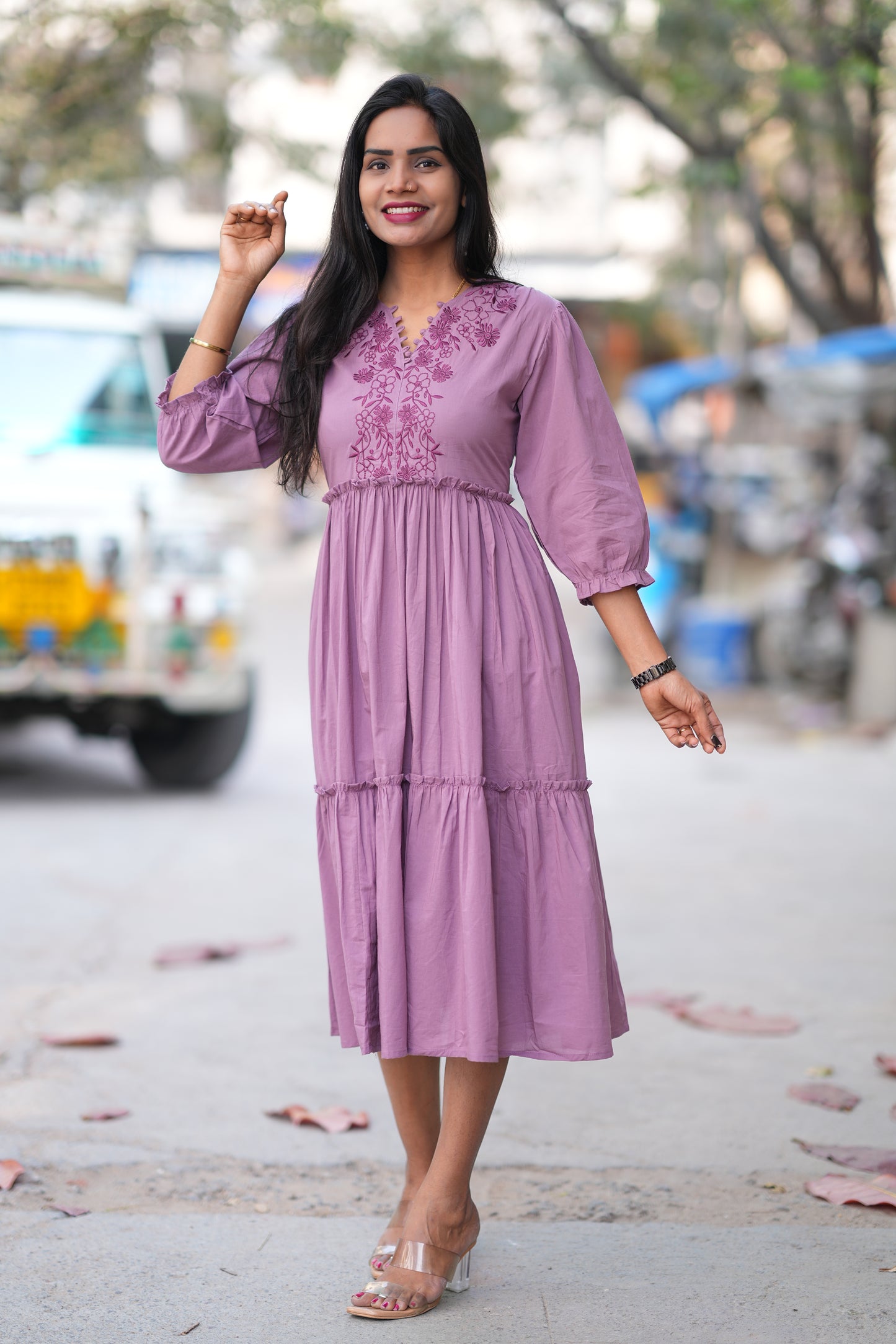 Purple Color Jaipuri Cotton Frock With Embroidery Work