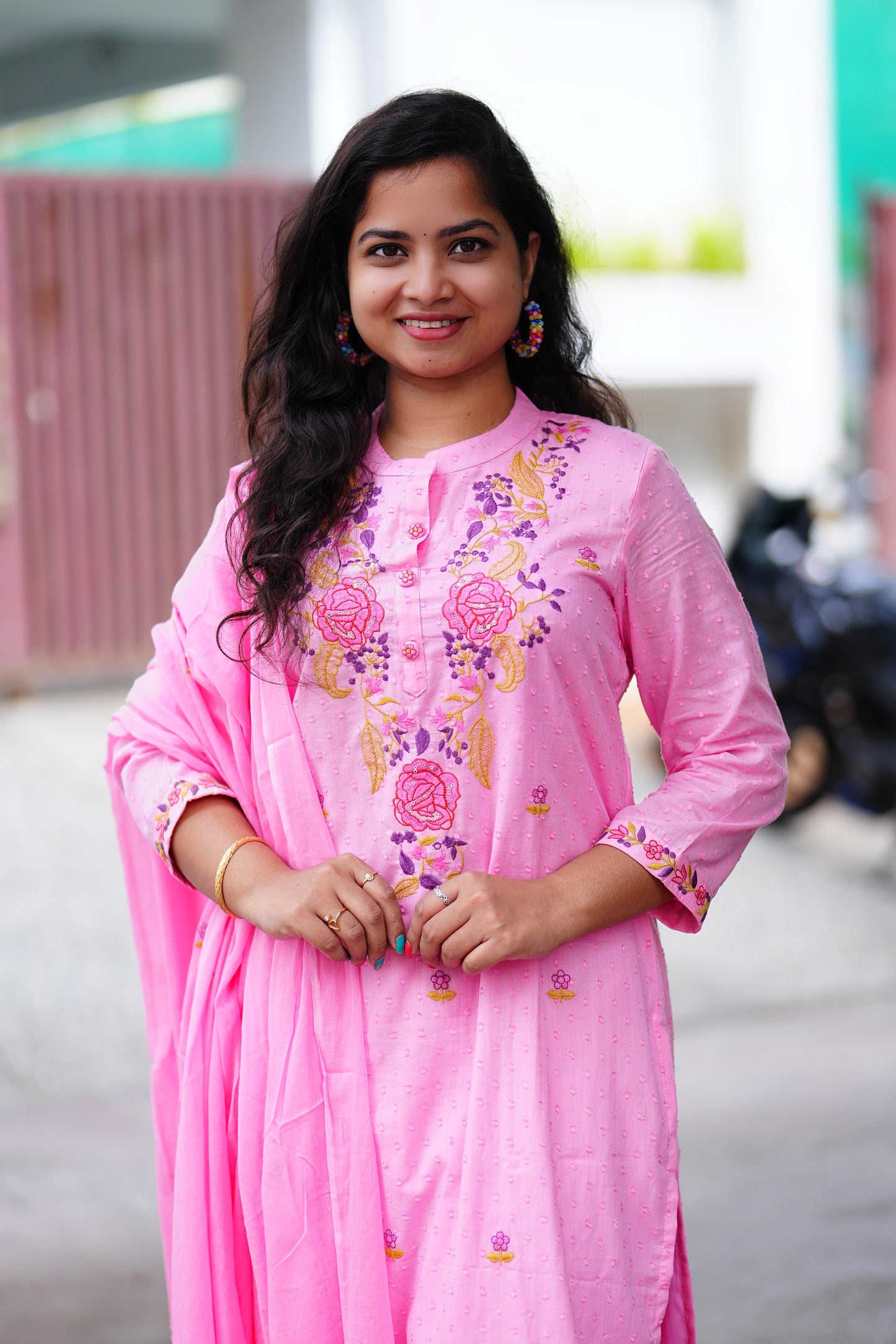 Pink Mul Mul Cotton Straight Cut 3 Piece Set