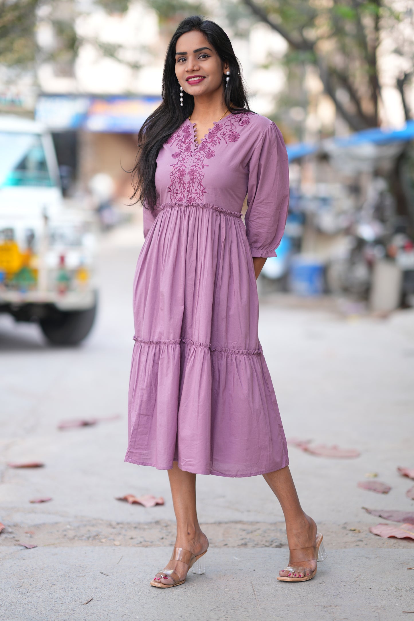 Purple Color Jaipuri Cotton Frock With Embroidery Work