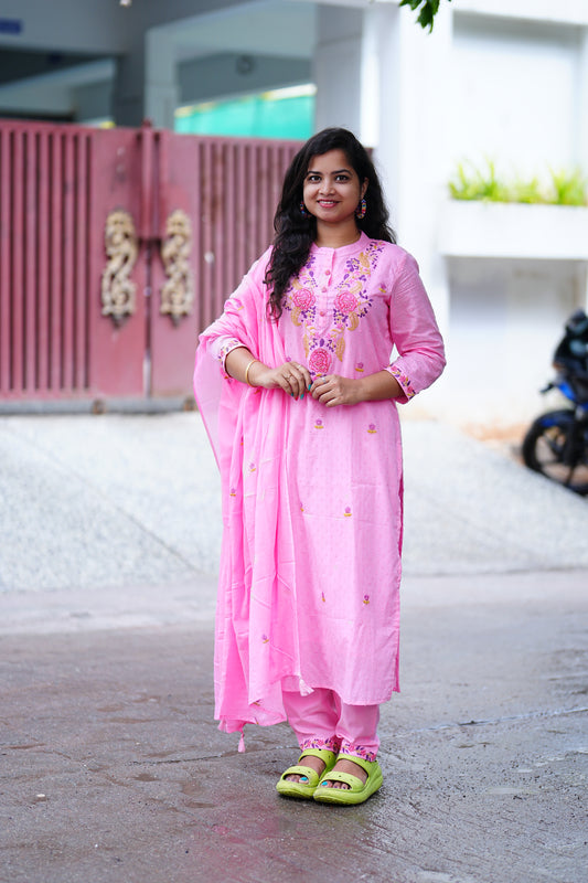 Pink Mul Mul Cotton Straight Cut 3 Piece Set