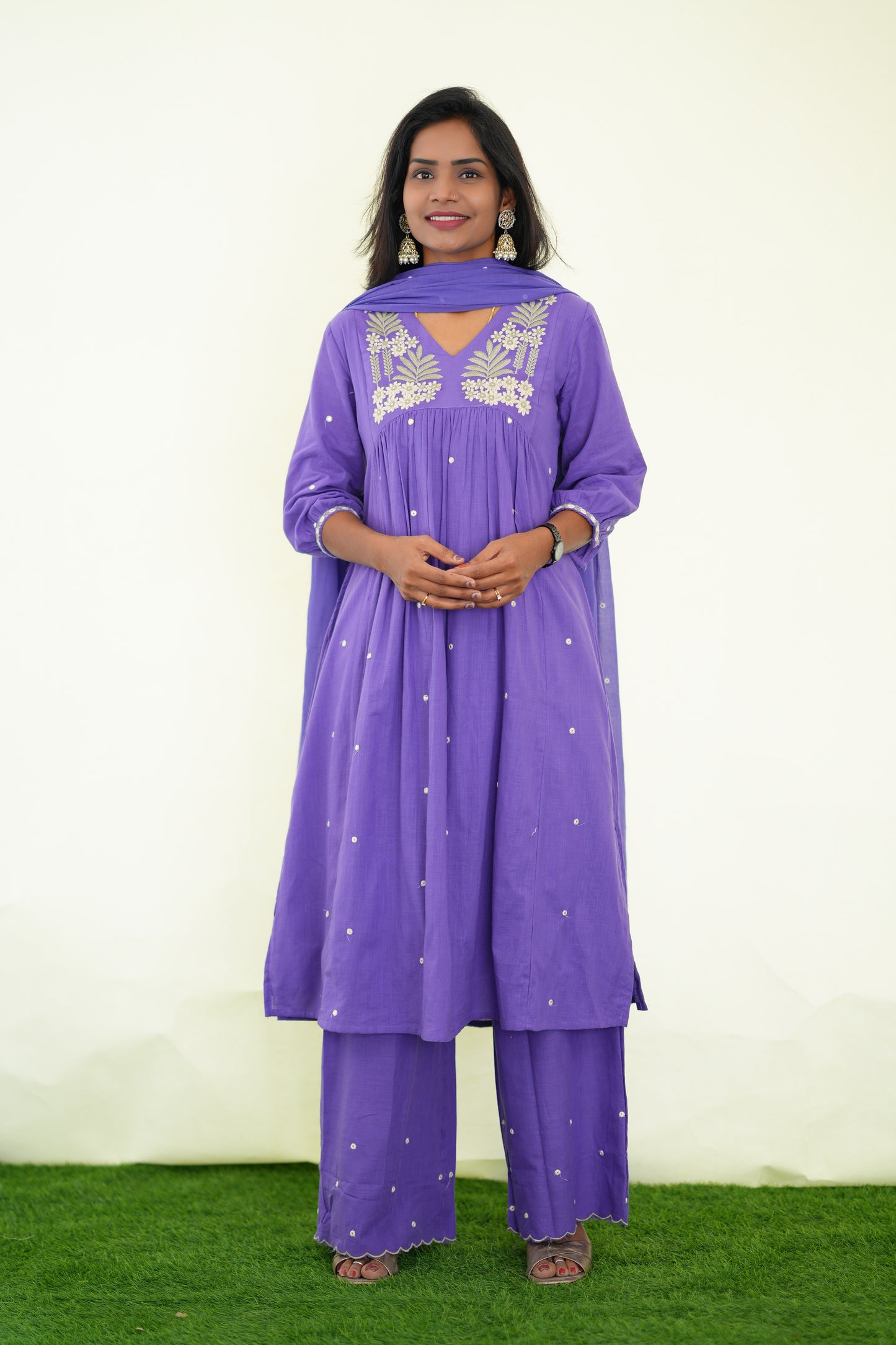 Purple Color Jaipuri Slub Cotton 3 Piece Set With Plazo Pant and Complete Lining