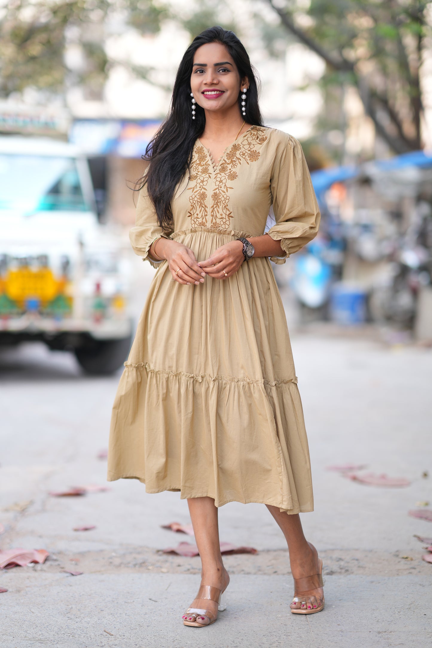 Biege Color Jaipur Cotton Frock With Embriodary Work