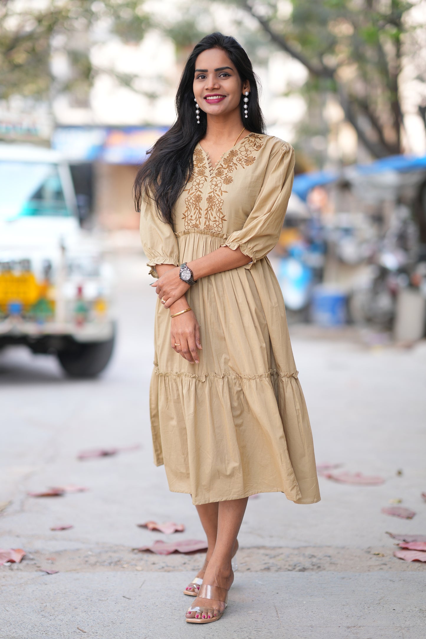 Biege Color Jaipur Cotton Frock With Embriodary Work