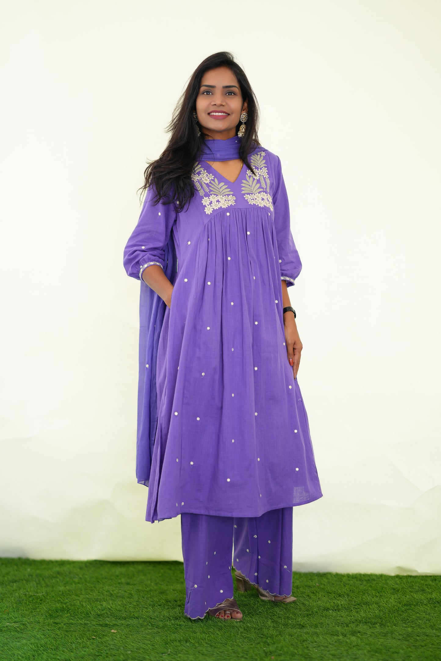 Purple Color Jaipuri Slub Cotton 3 Piece Set With Plazo Pant and Complete Lining
