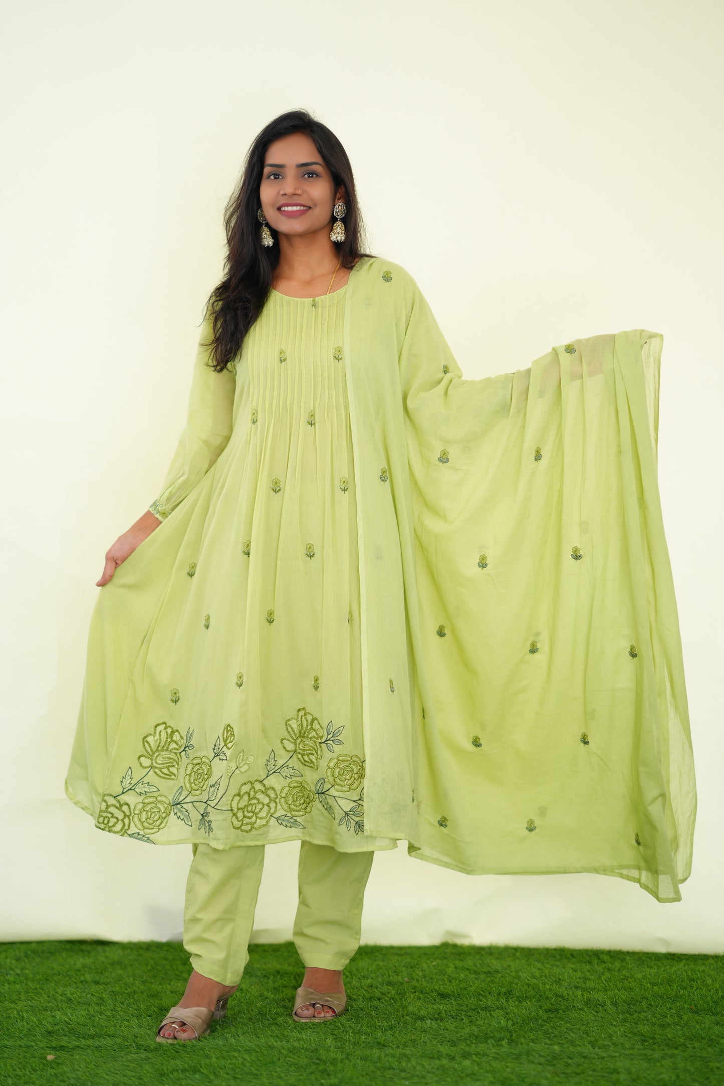 Pista Green Color Mul Cotton 3 Piece Set With Embroidery Work and Complete Lining