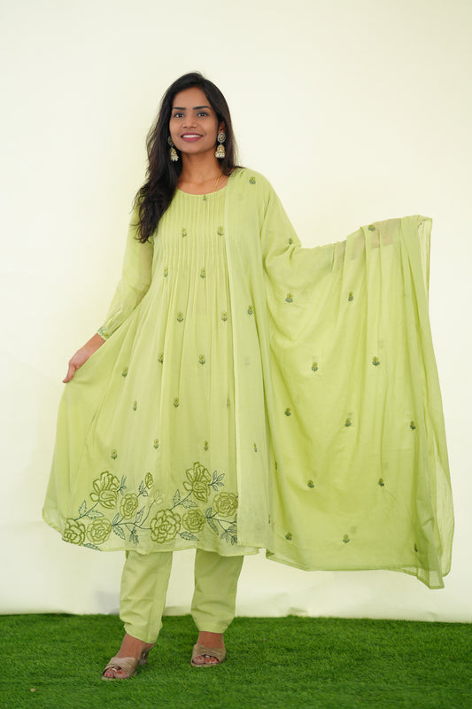 Pista Green Color Mul Cotton 3 Piece Set With Embroidery Work and Complete Lining
