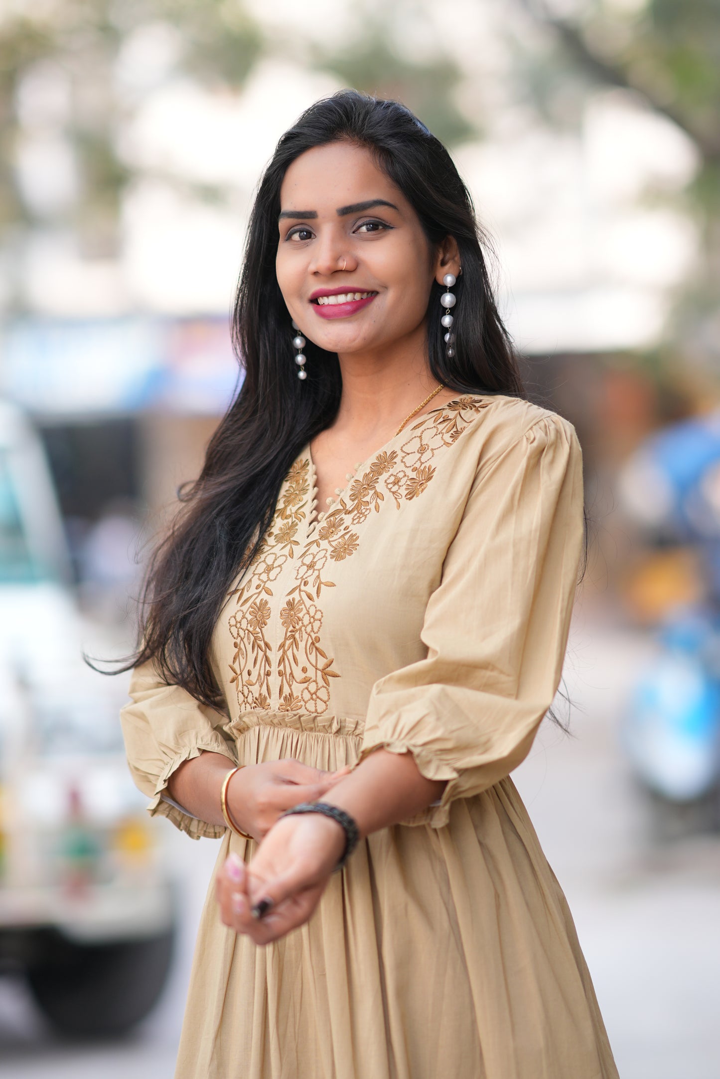 Biege Color Jaipur Cotton Frock With Embriodary Work