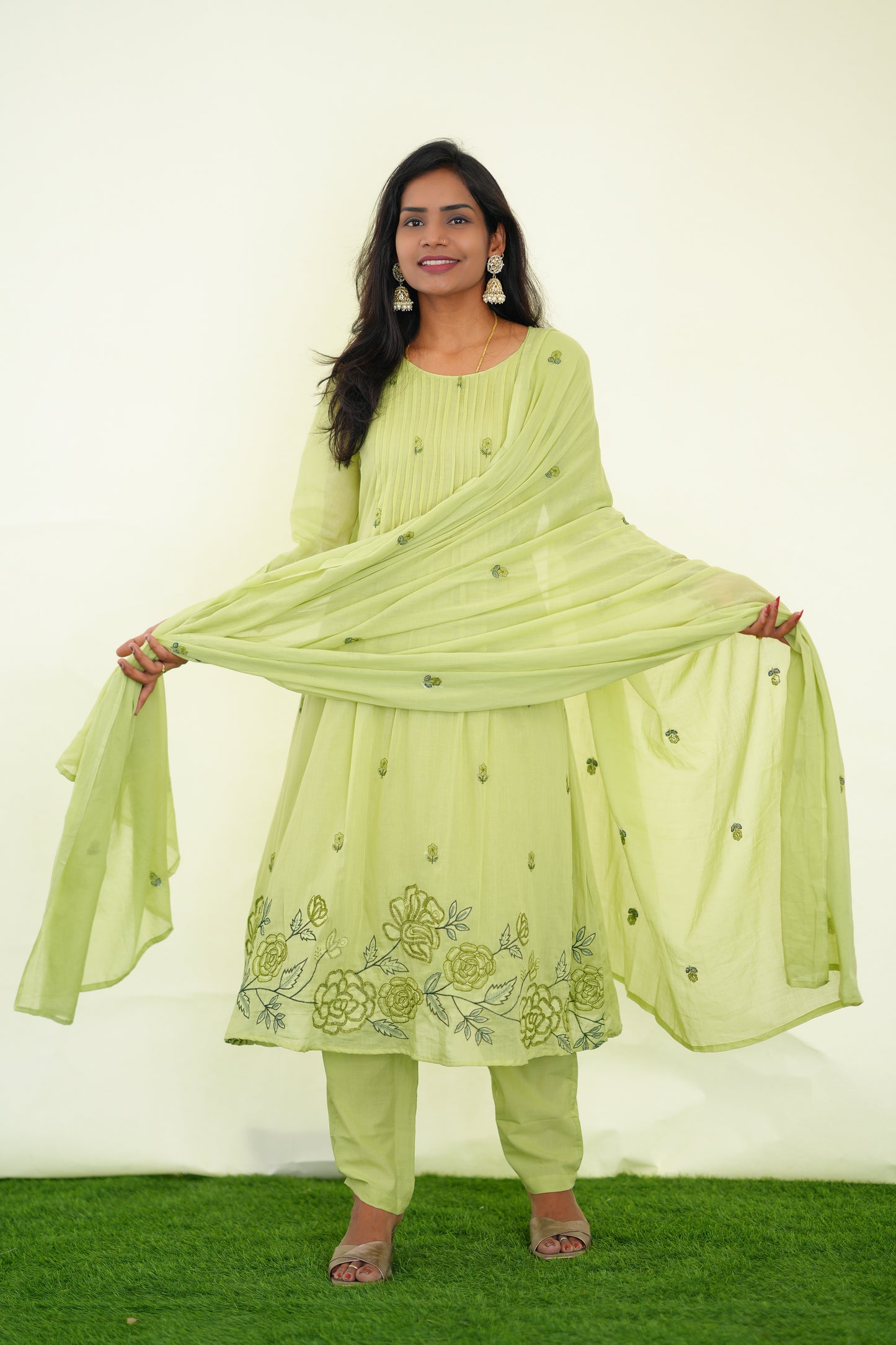 Pista Green Color Mul Cotton 3 Piece Set With Embroidery Work and Complete Lining