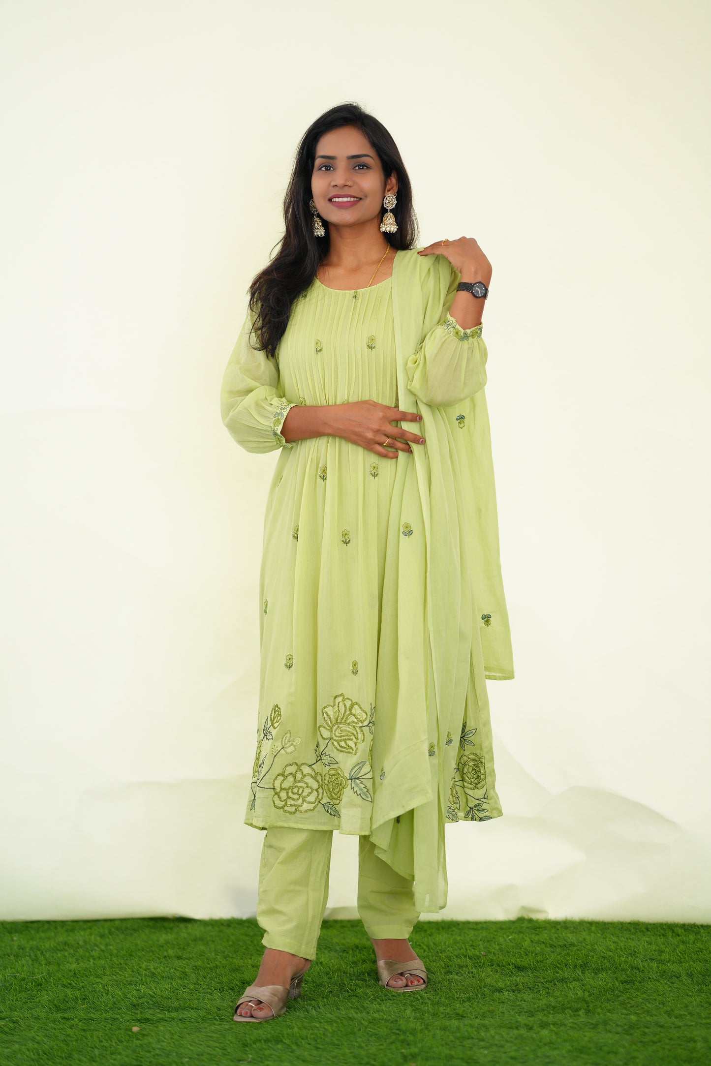 Pista Green Color Mul Cotton 3 Piece Set With Embroidery Work and Complete Lining