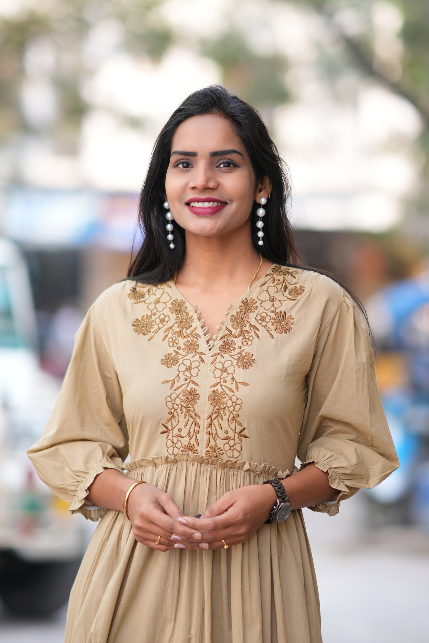 Biege Color Jaipur Cotton Frock With Embriodary Work