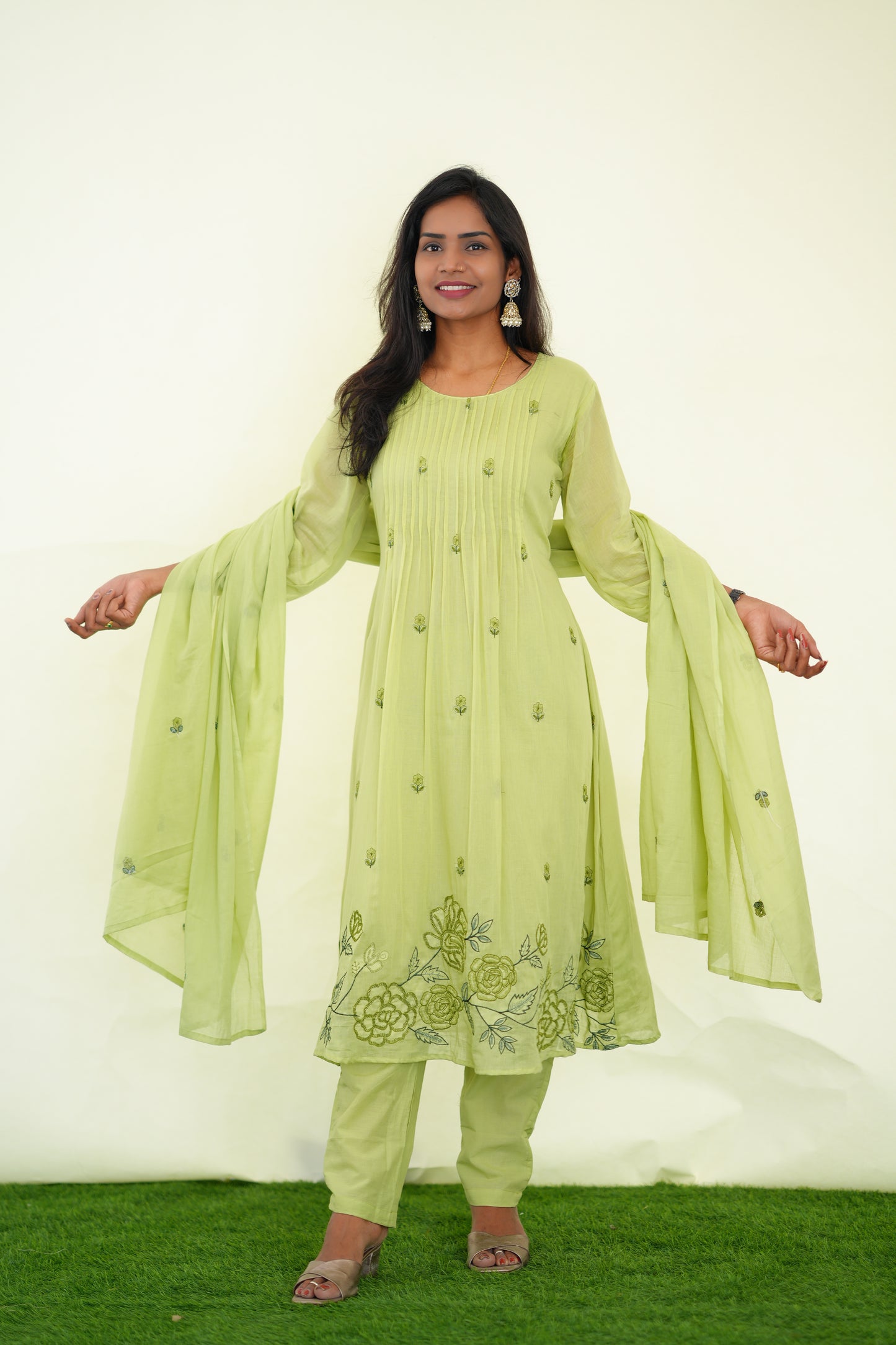 Pista Green Color Mul Cotton 3 Piece Set With Embroidery Work and Complete Lining