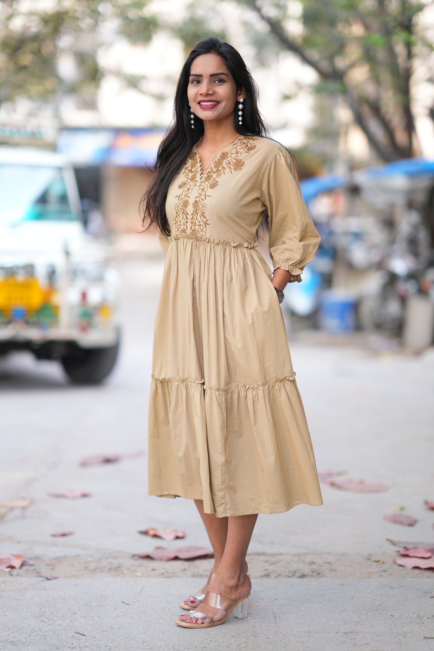 Biege Color Jaipur Cotton Frock With Embriodary Work