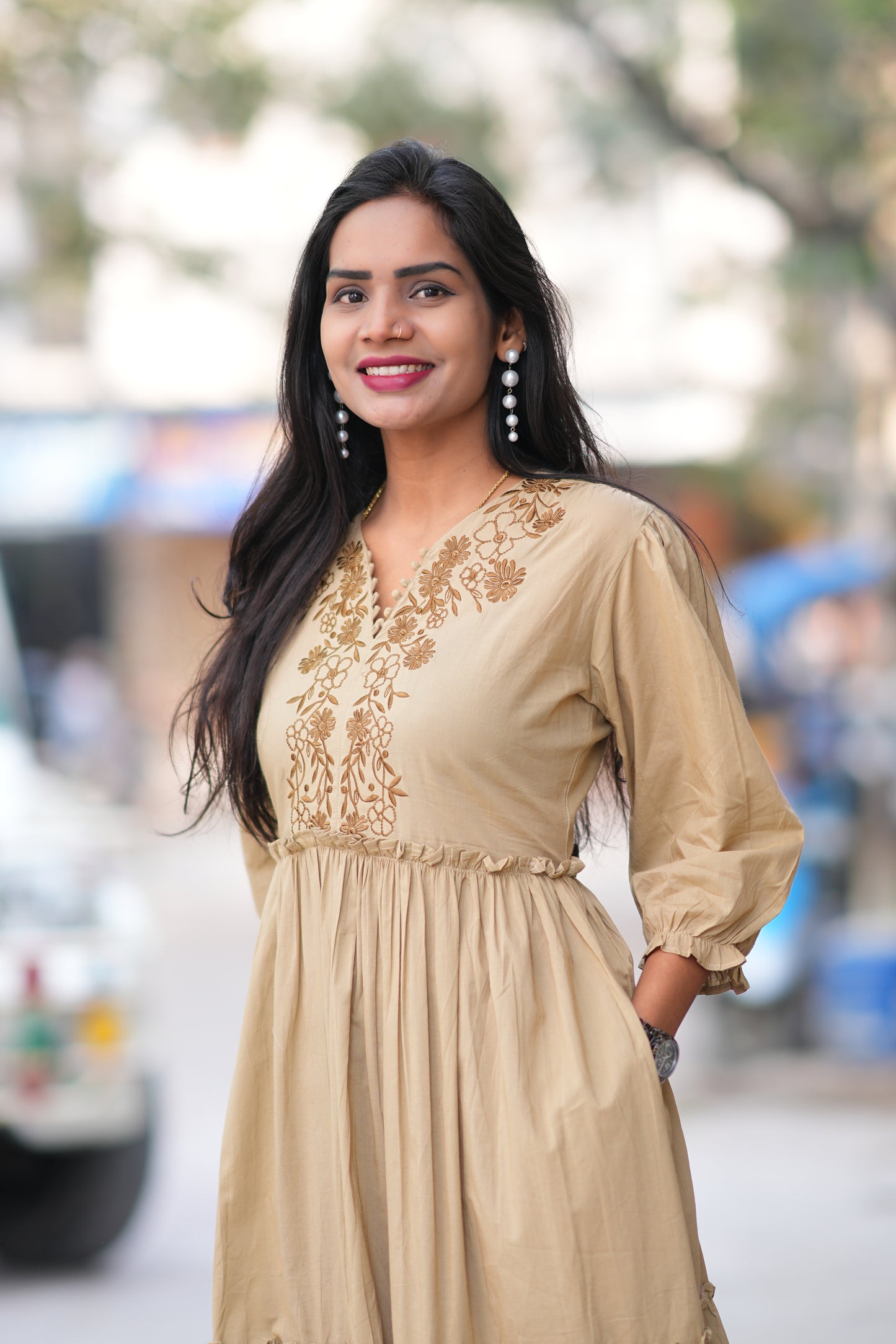 Biege Color Jaipur Cotton Frock With Embriodary Work