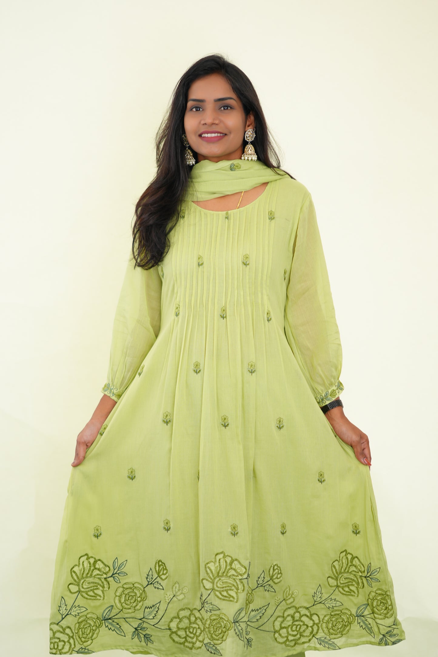 Pista Green Color Mul Cotton 3 Piece Set With Embroidery Work and Complete Lining