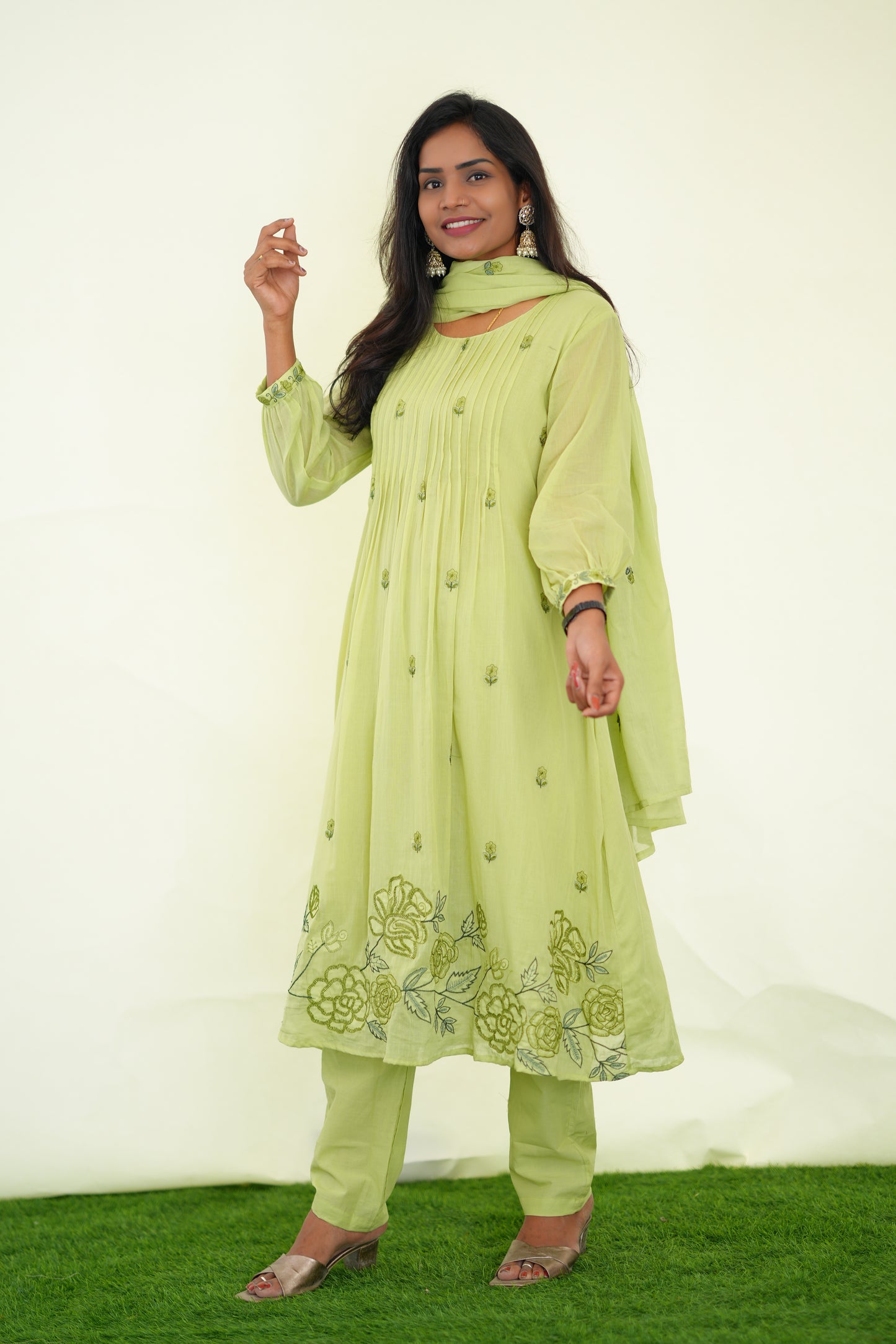 Pista Green Color Mul Cotton 3 Piece Set With Embroidery Work and Complete Lining