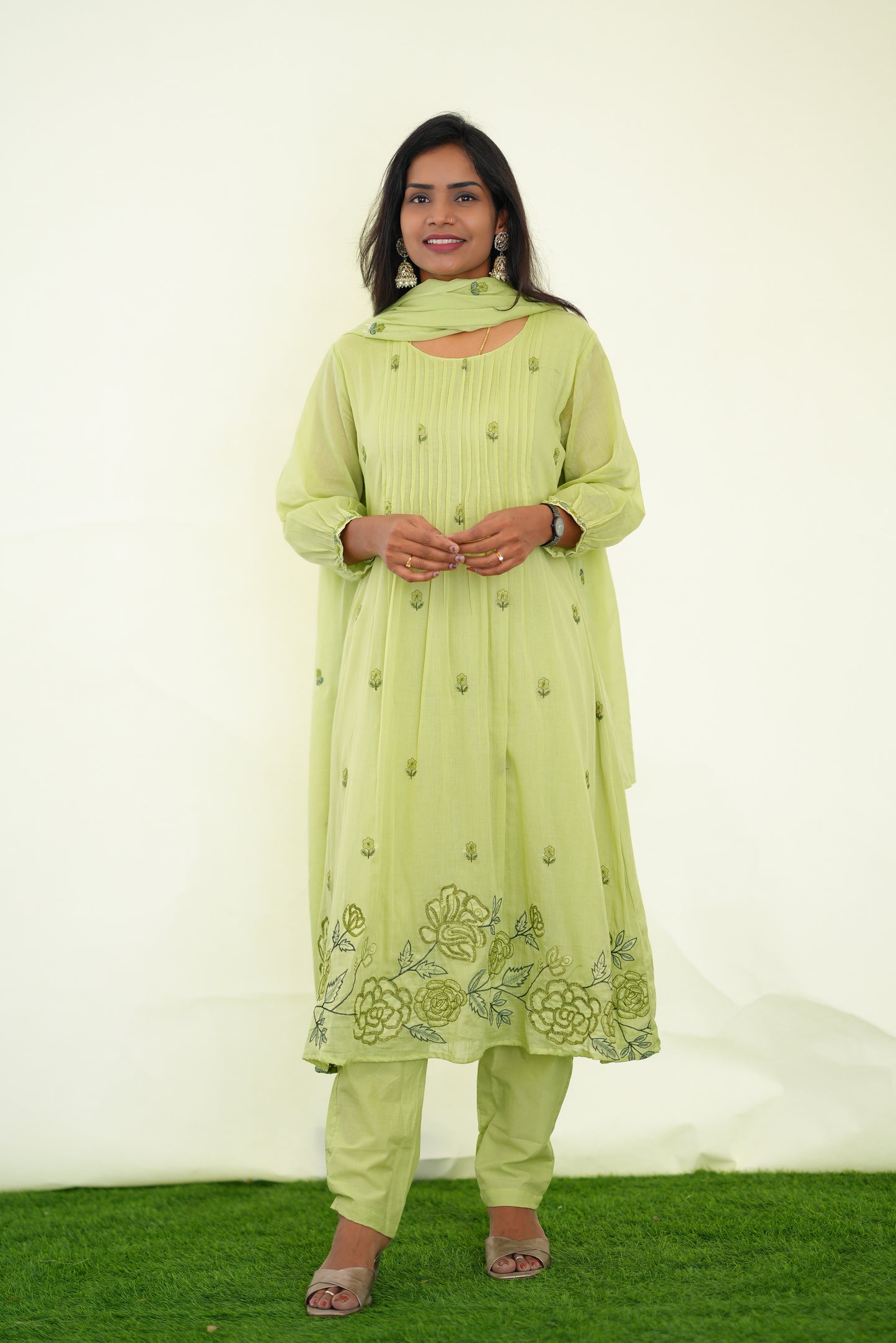 Pista Green Color Mul Cotton 3 Piece Set With Embroidery Work and Complete Lining