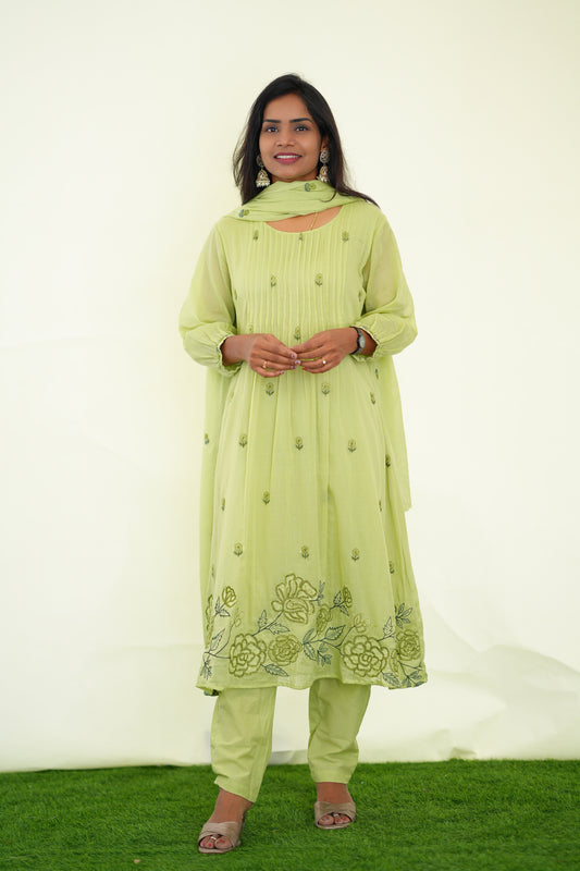 Pista Green Color Mul Cotton 3 Piece Set With Embroidery Work and Complete Lining