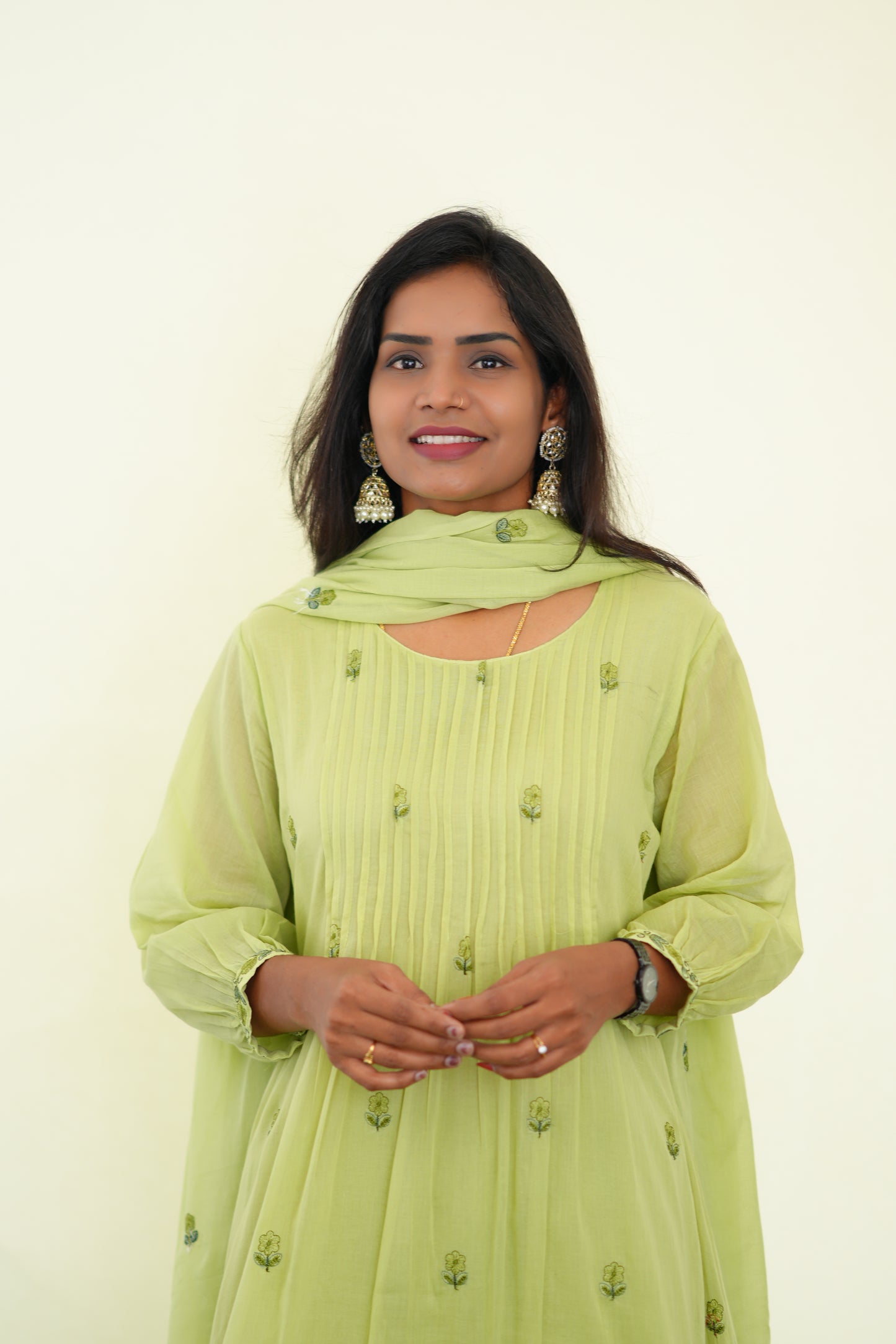 Pista Green Color Mul Cotton 3 Piece Set With Embroidery Work and Complete Lining