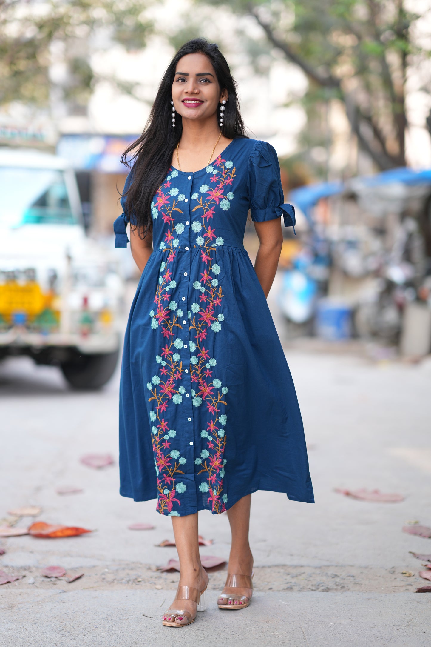 Navy Blue Color Jaipur Cotton Designer Wear Frock With Embriodary Work